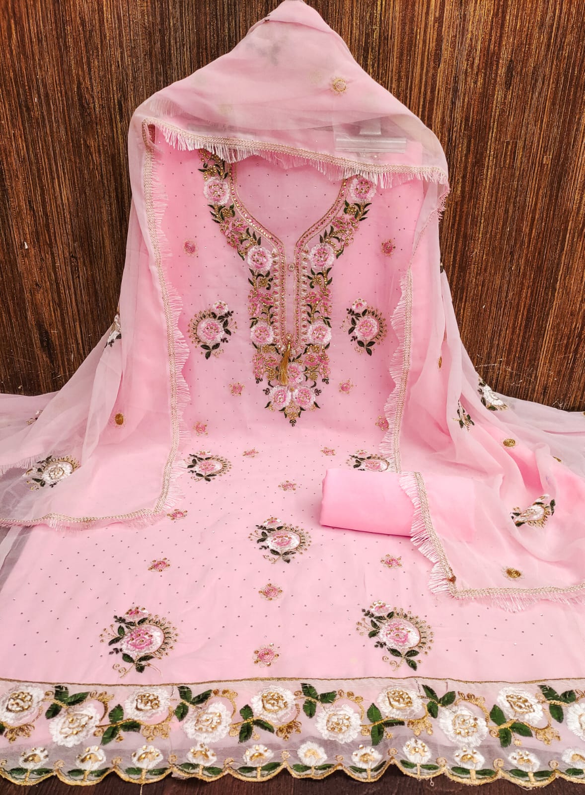 Embroidered Dress Material with Diamond Work