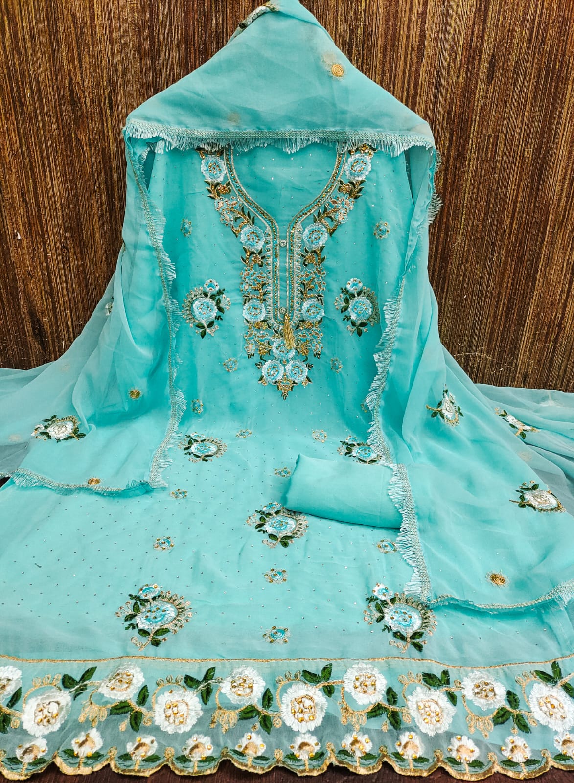 Embroidered Dress Material with Diamond Work