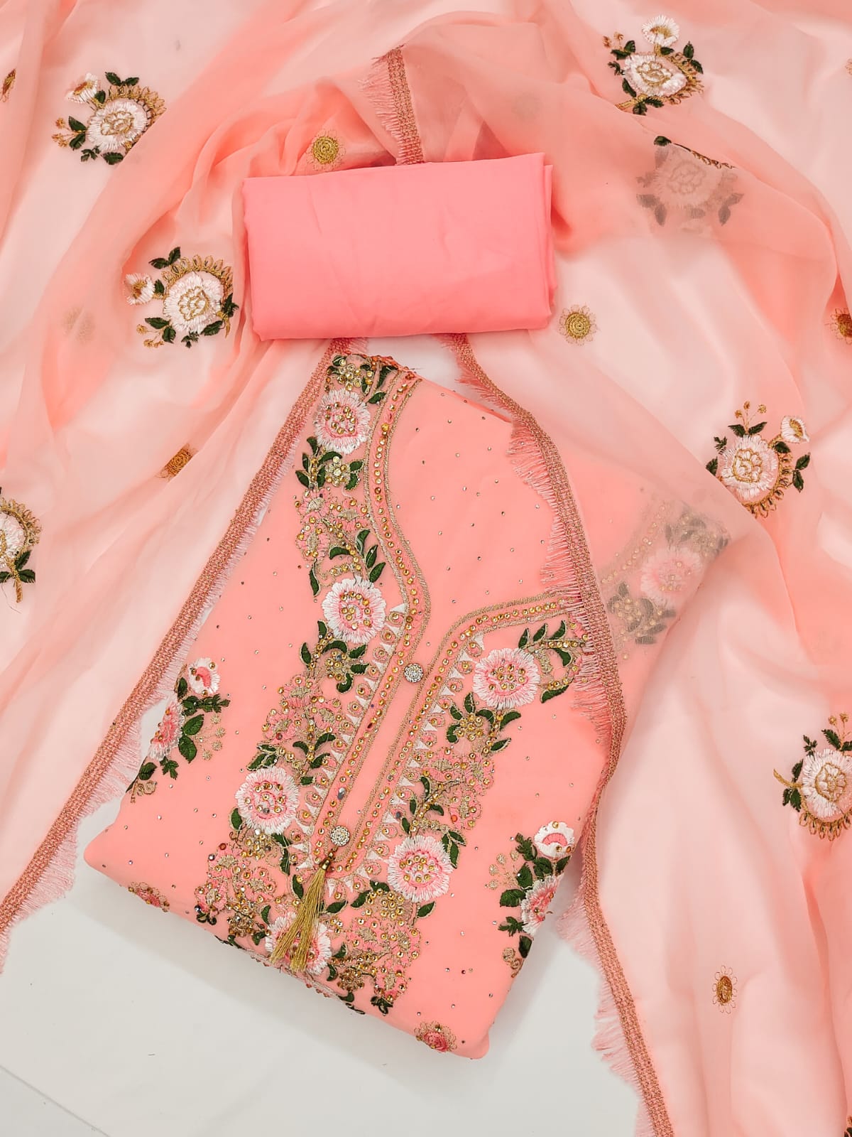 Embroidered Dress Material with Diamond Work