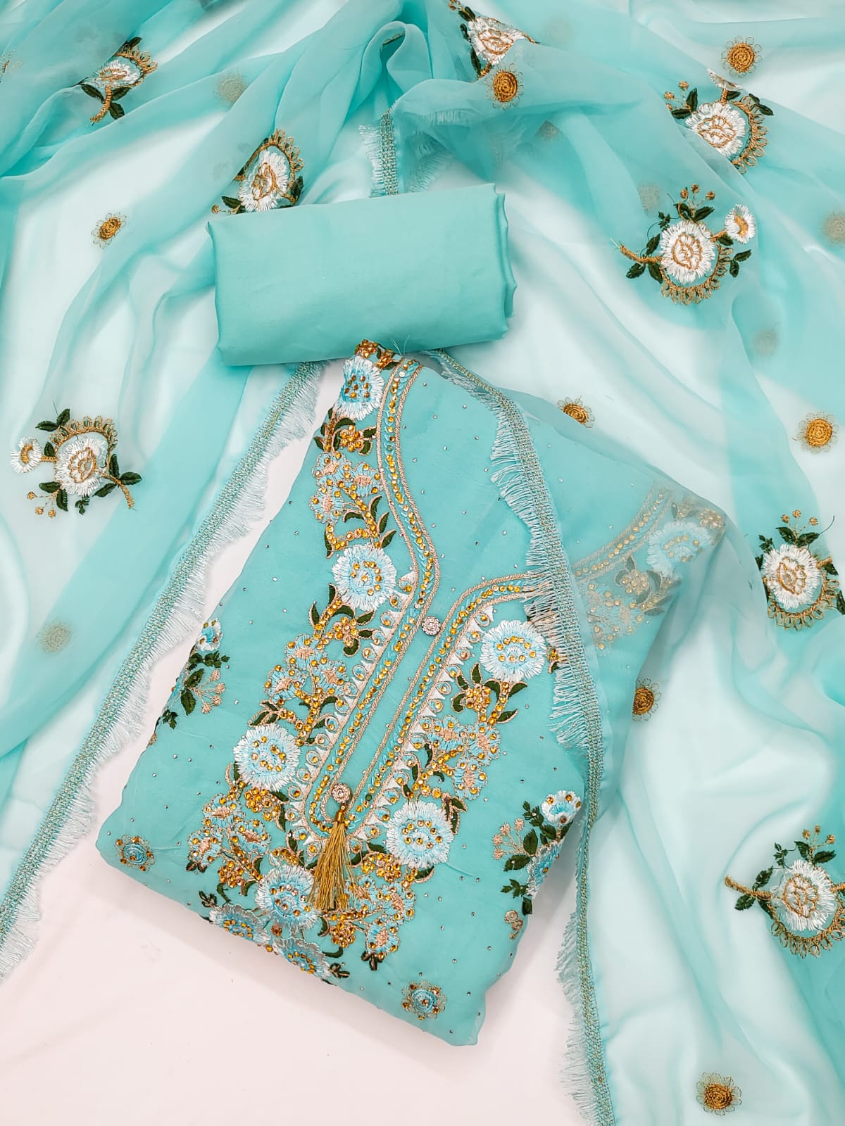 Embroidered Dress Material with Diamond Work