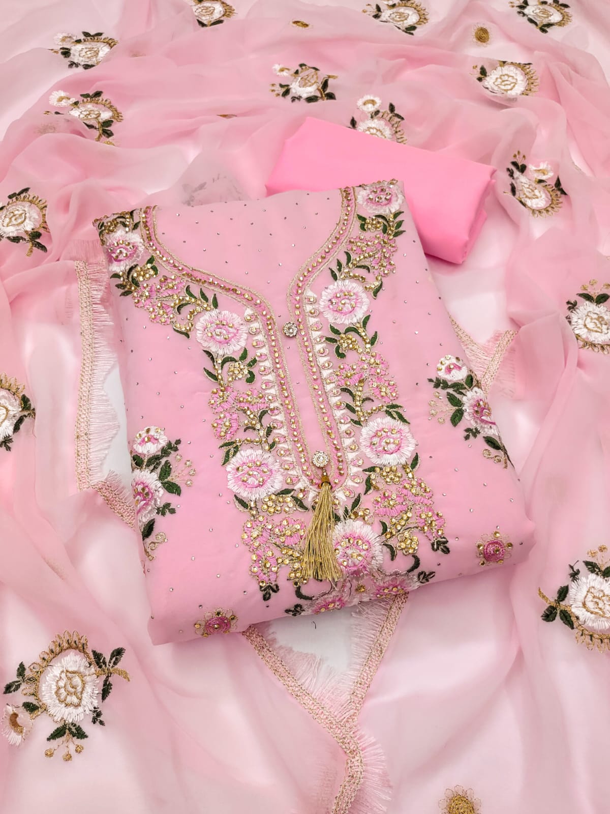 Embroidered Dress Material with Diamond Work