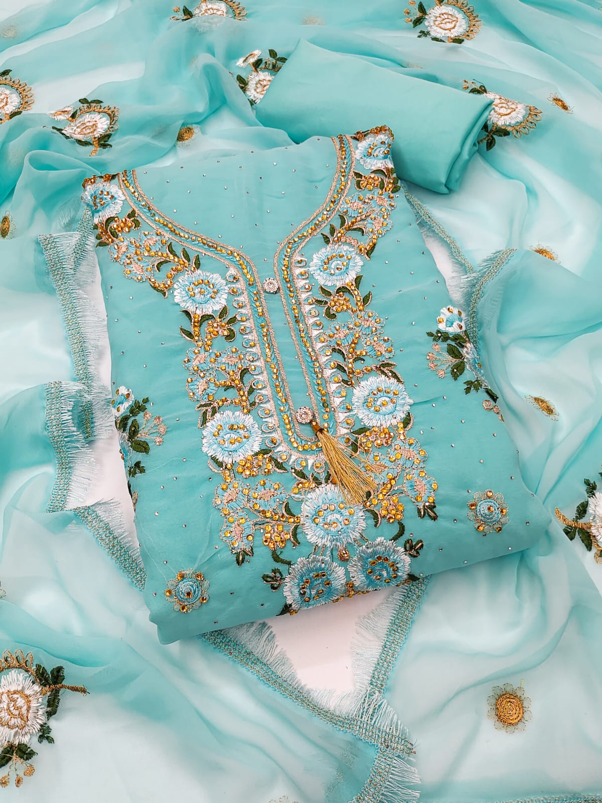 Embroidered Dress Material with Diamond Work