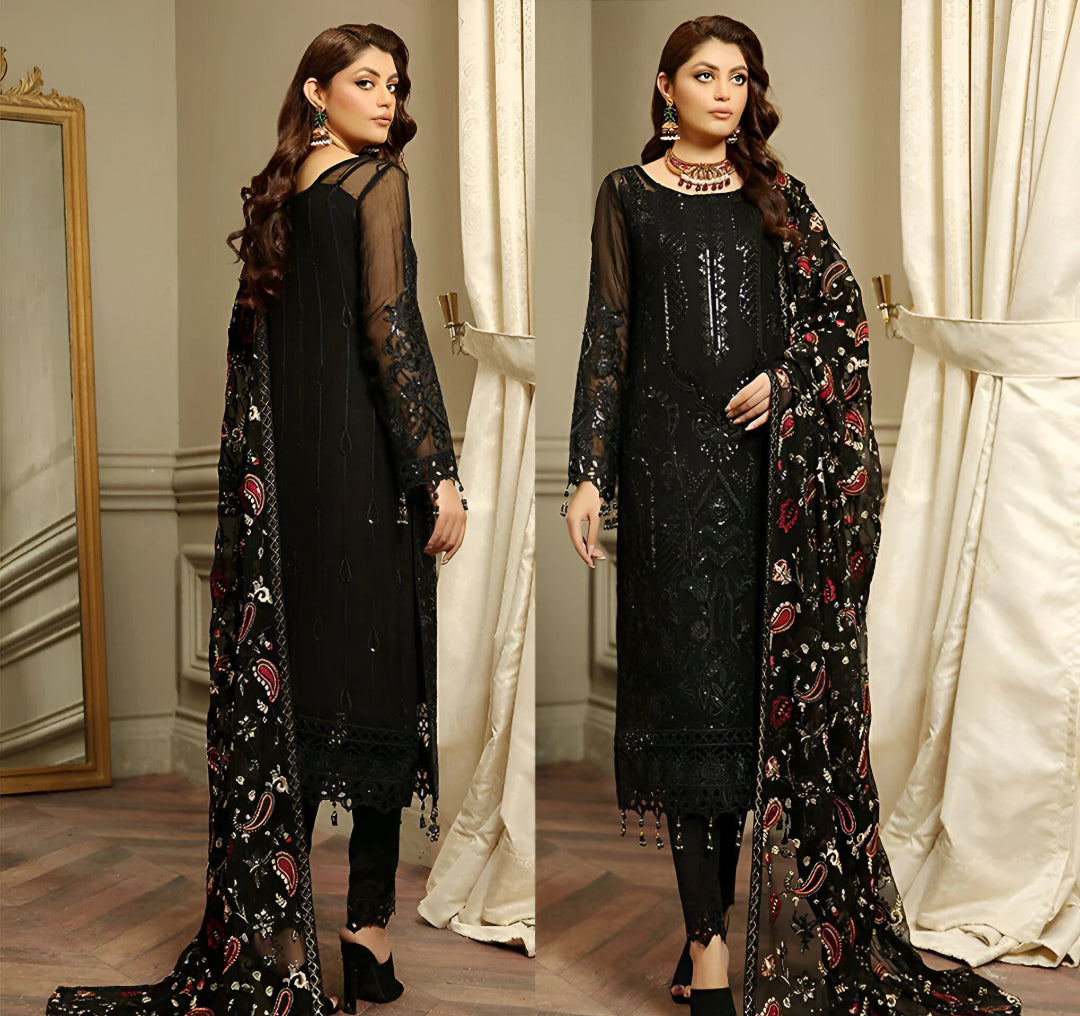 Black Embroidered Semi-Stitched Suit