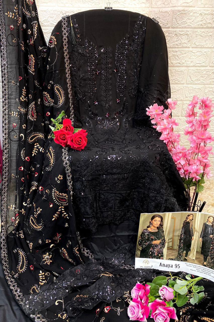Black Embroidered Semi-Stitched Suit