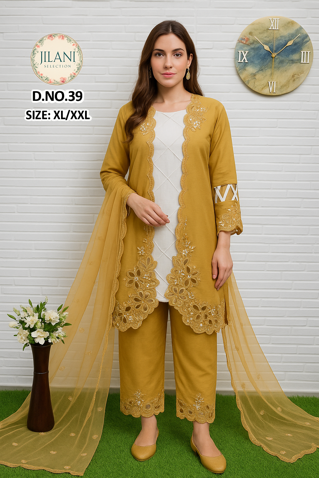 🌟 Elegant Gold Embroidered 3-Piece Suit – Size XL/XXL |