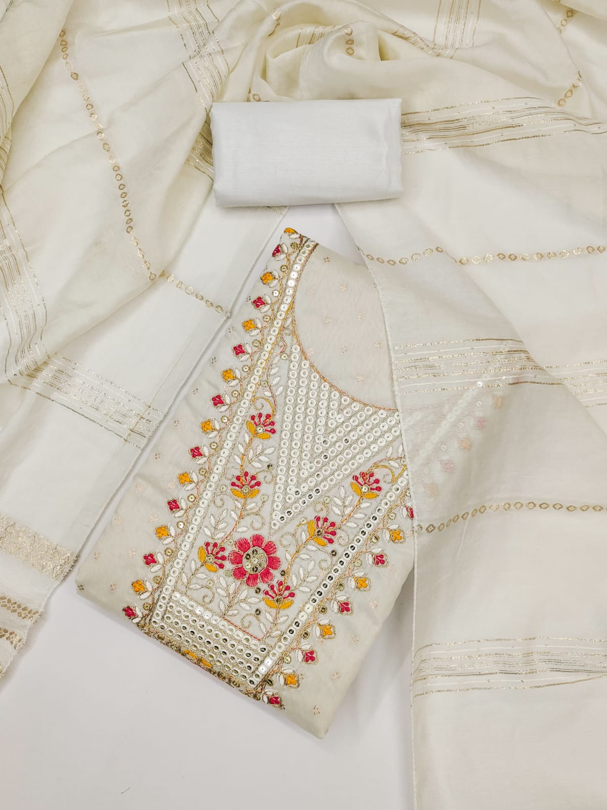 Silk Embroidered Suit Set with Gota Work & Jacquard Zari Dupatta