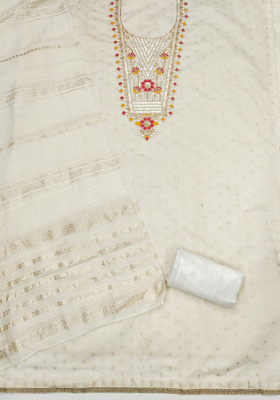 Silk Embroidered Suit Set with Gota Work & Jacquard Zari Dupatta