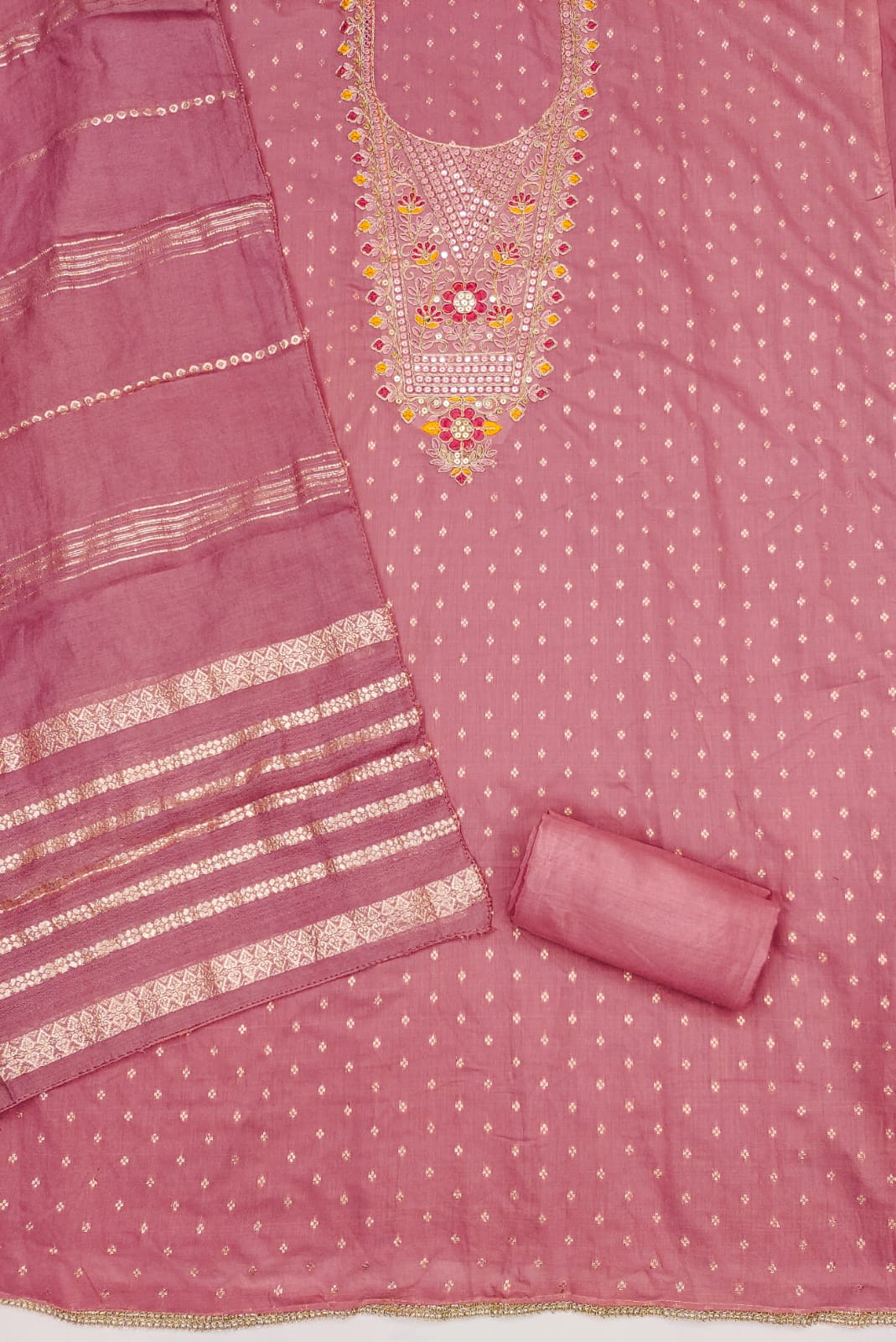 Silk Embroidered Suit Set with Gota Work & Jacquard Zari Dupatta