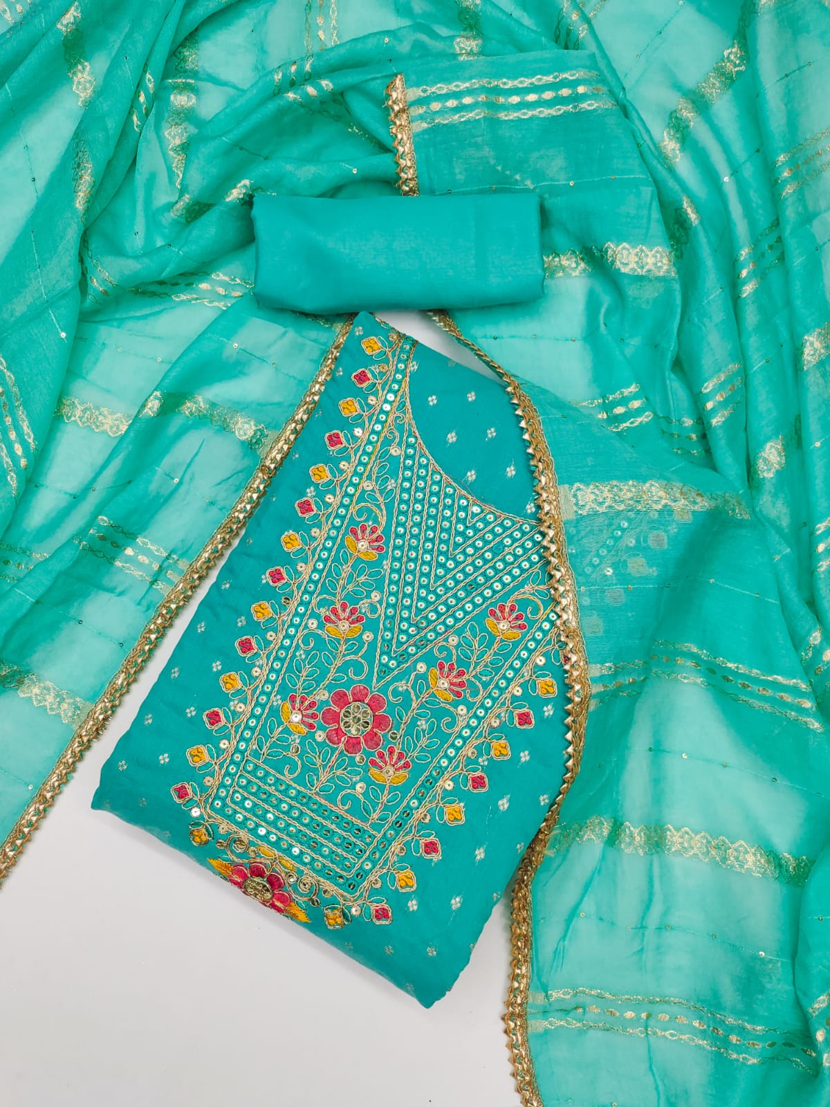 Silk Embroidered Suit Set with Gota Work & Jacquard Zari Dupatta