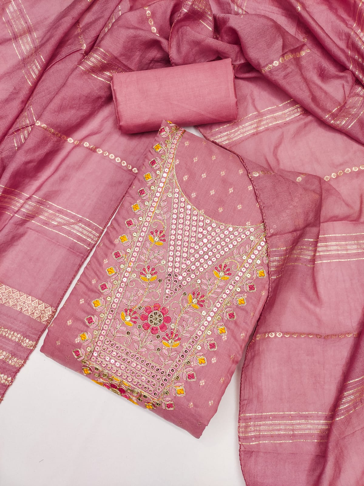 Silk Embroidered Suit Set with Gota Work & Jacquard Zari Dupatta