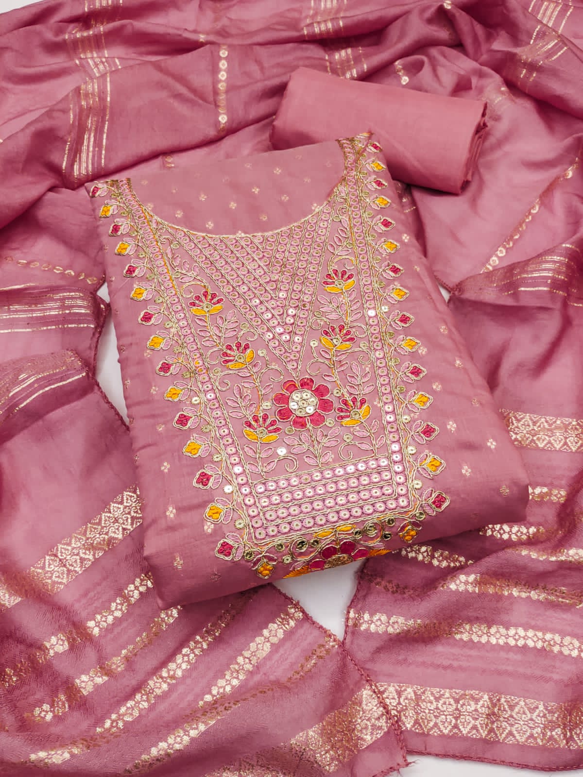 Silk Embroidered Suit Set with Gota Work & Jacquard Zari Dupatta