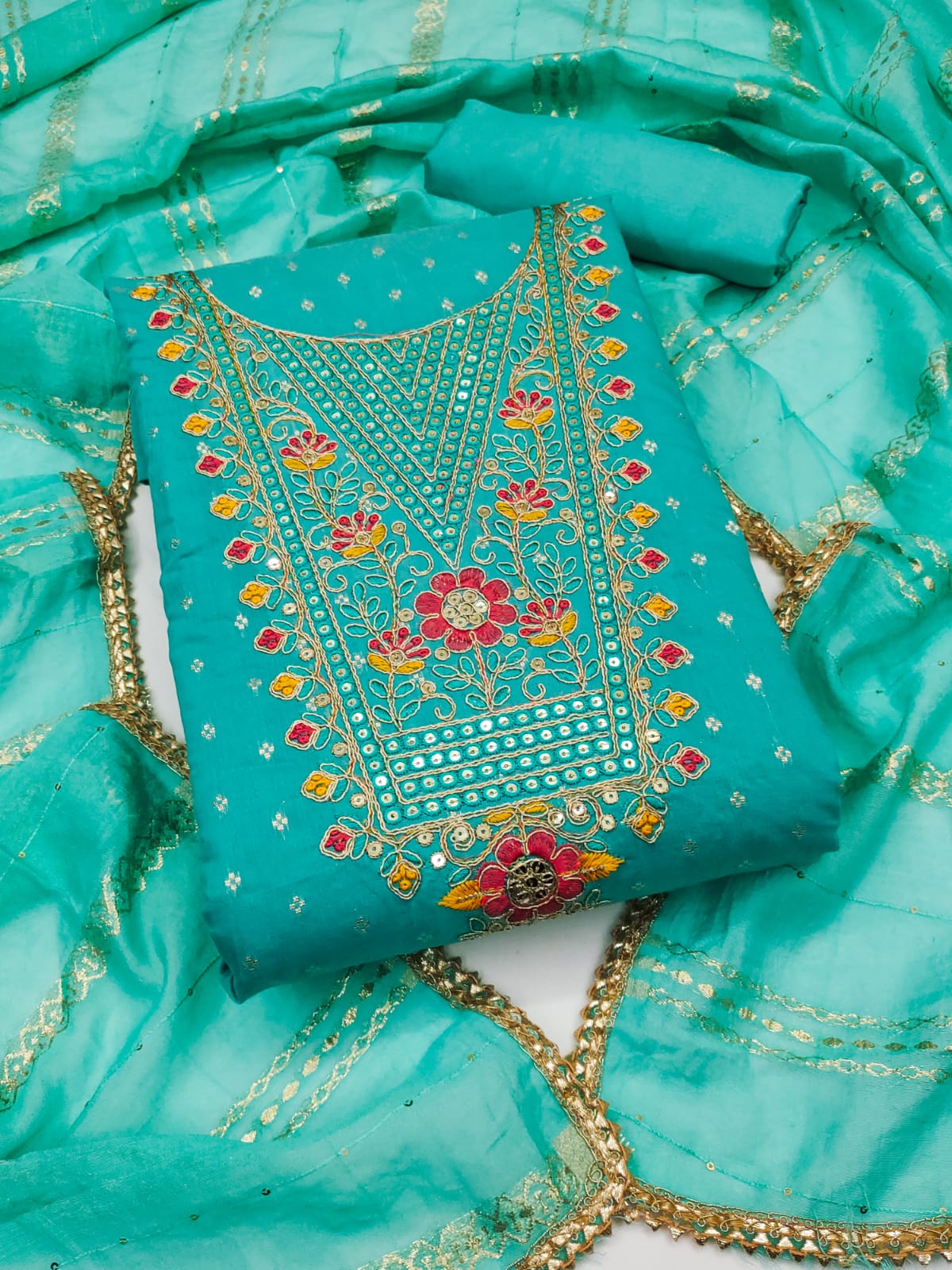Silk Embroidered Suit Set with Gota Work & Jacquard Zari Dupatta