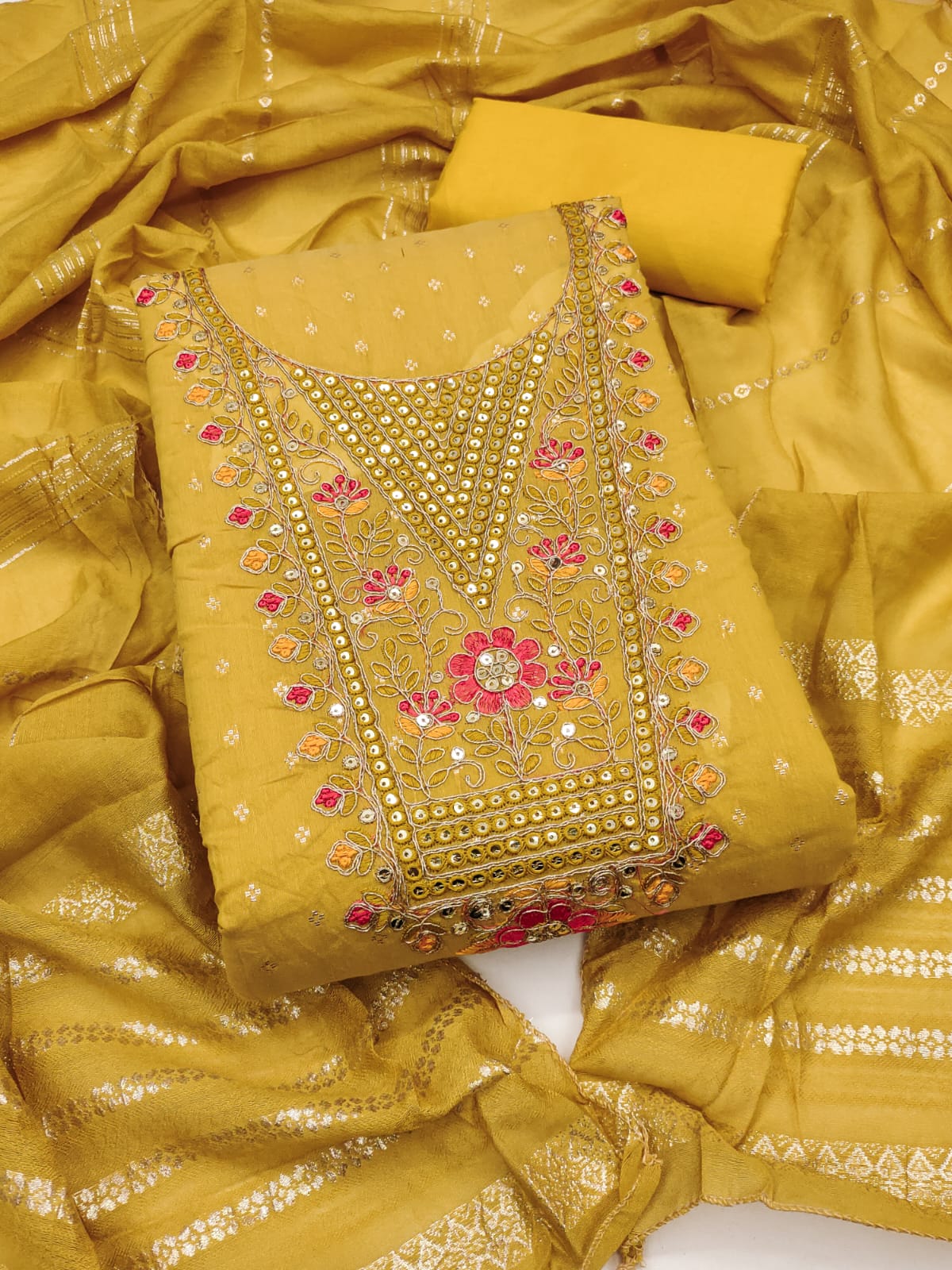 Silk Embroidered Suit Set with Gota Work & Jacquard Zari Dupatta