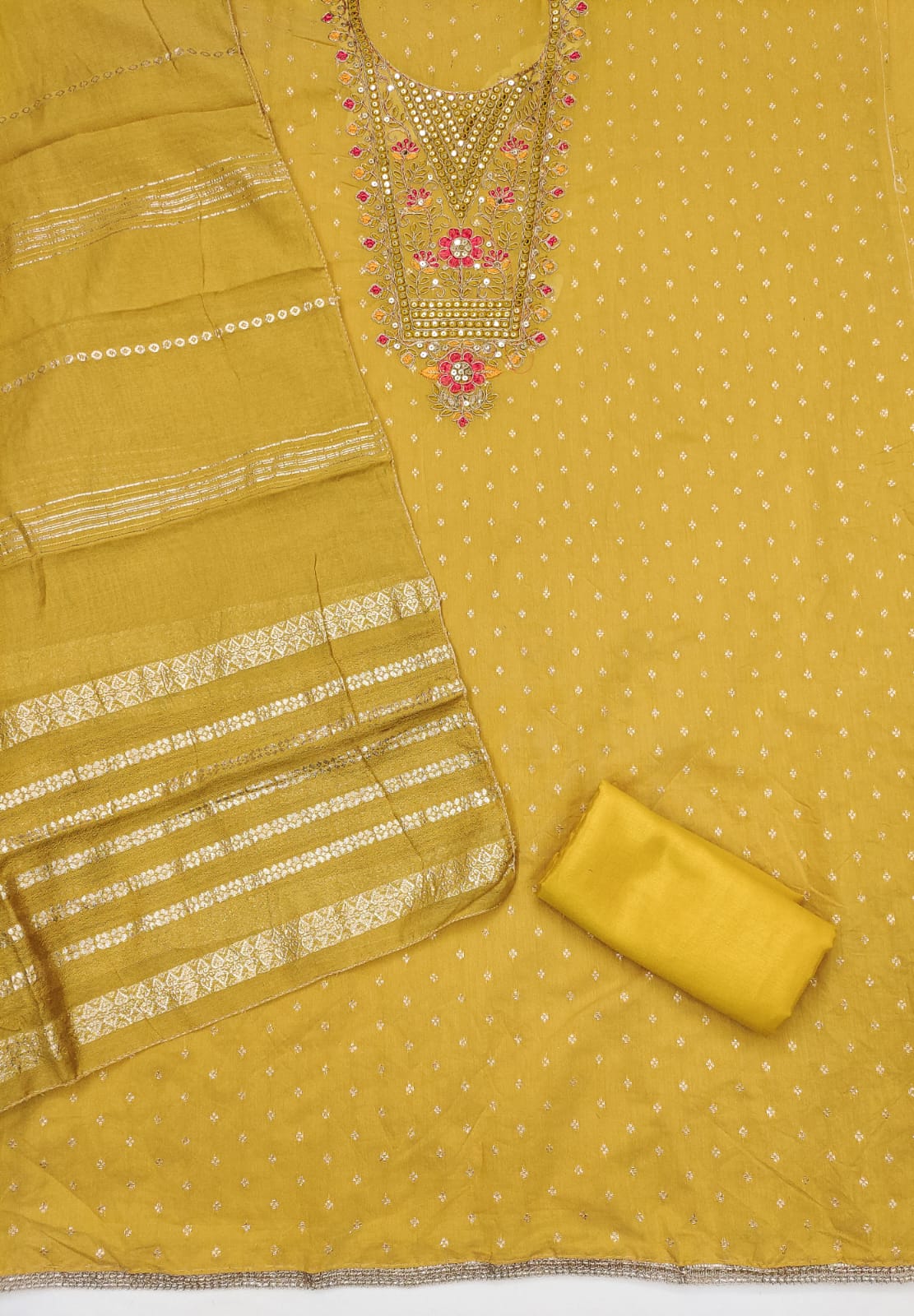 Silk Embroidered Suit Set with Gota Work & Jacquard Zari Dupatta