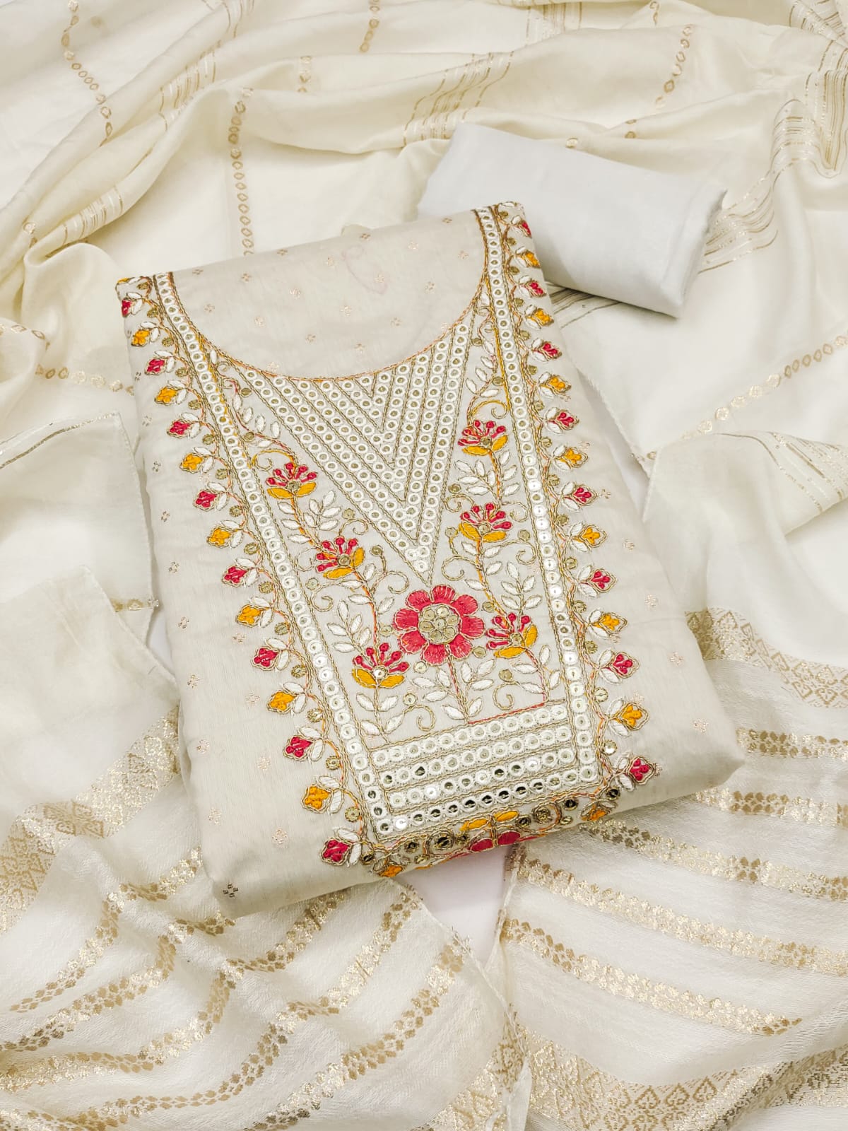 Silk Embroidered Suit Set with Gota Work & Jacquard Zari Dupatta