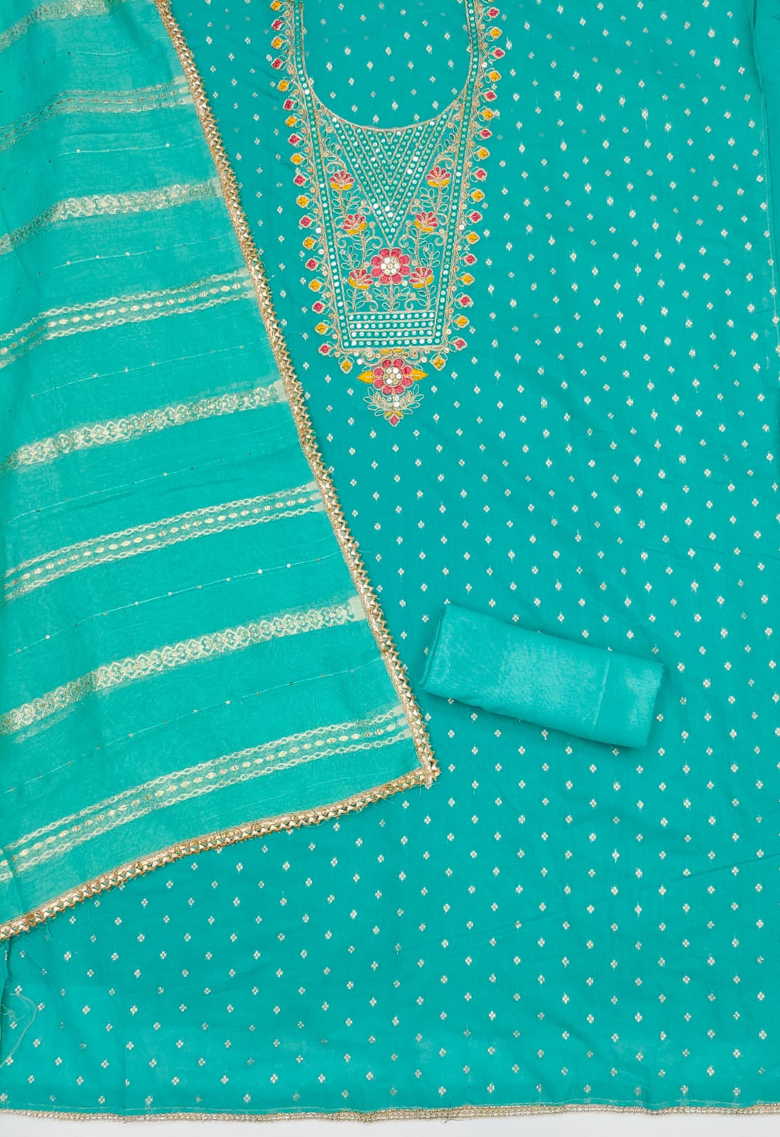 Silk Embroidered Suit Set with Gota Work & Jacquard Zari Dupatta
