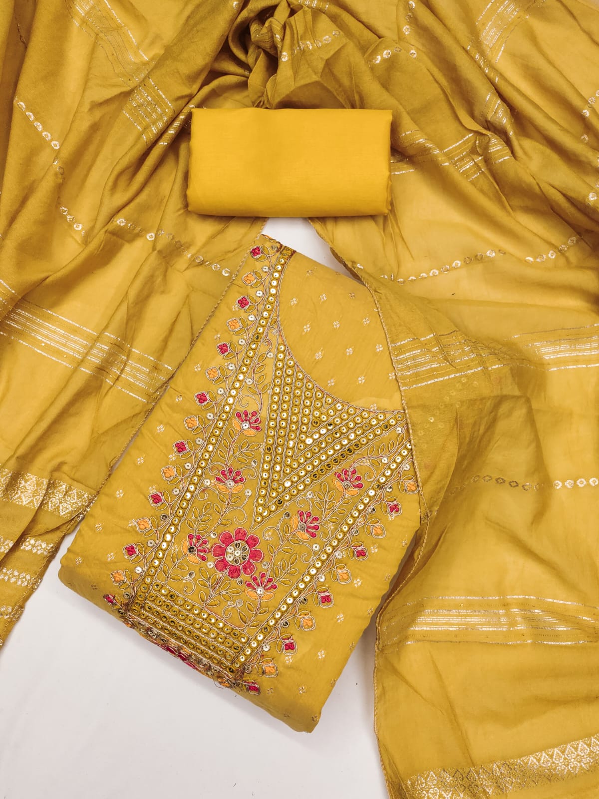 Silk Embroidered Suit Set with Gota Work & Jacquard Zari Dupatta