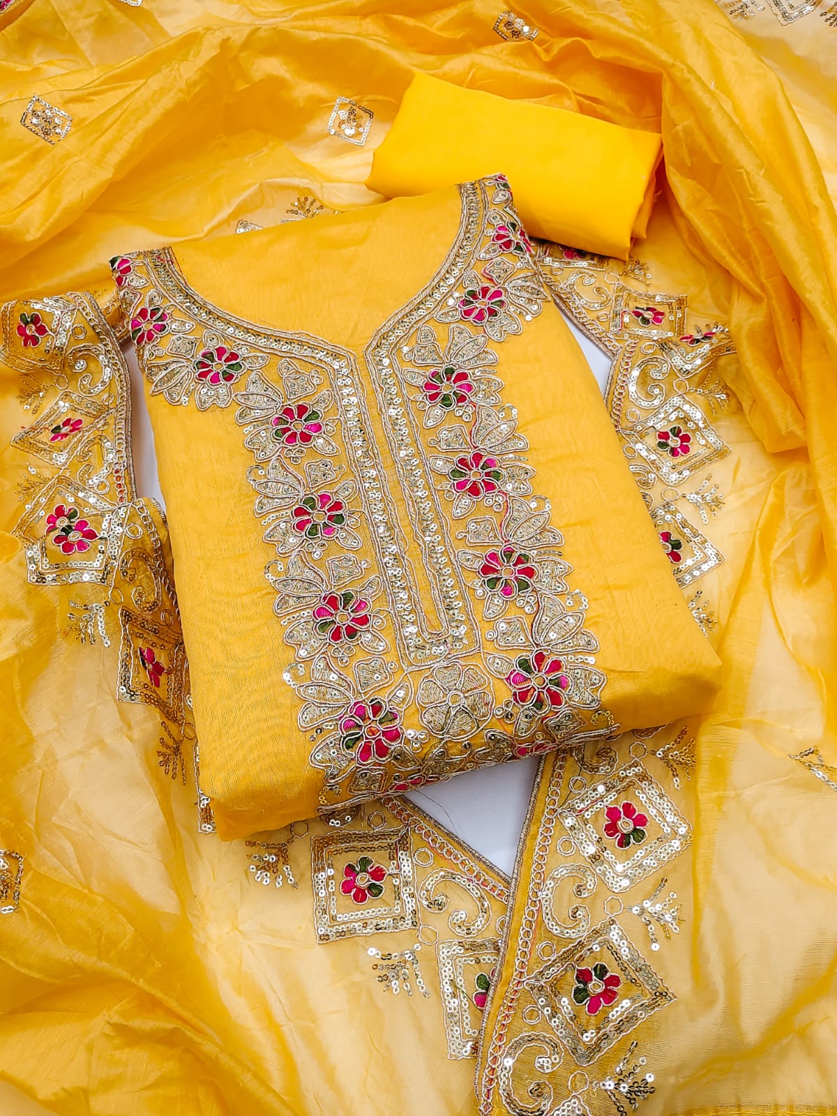 Embroidered Unstitched Suit Set with Sequins & Codding Work