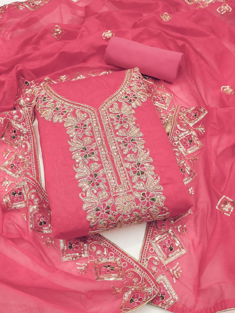 Embroidered Unstitched Suit Set with Sequins & Codding Work