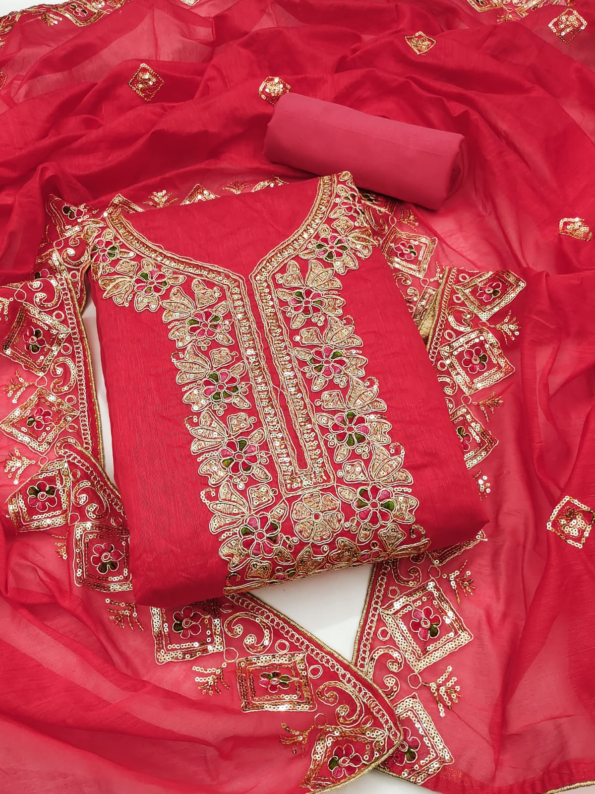 Embroidered Unstitched Suit Set with Sequins & Codding Work