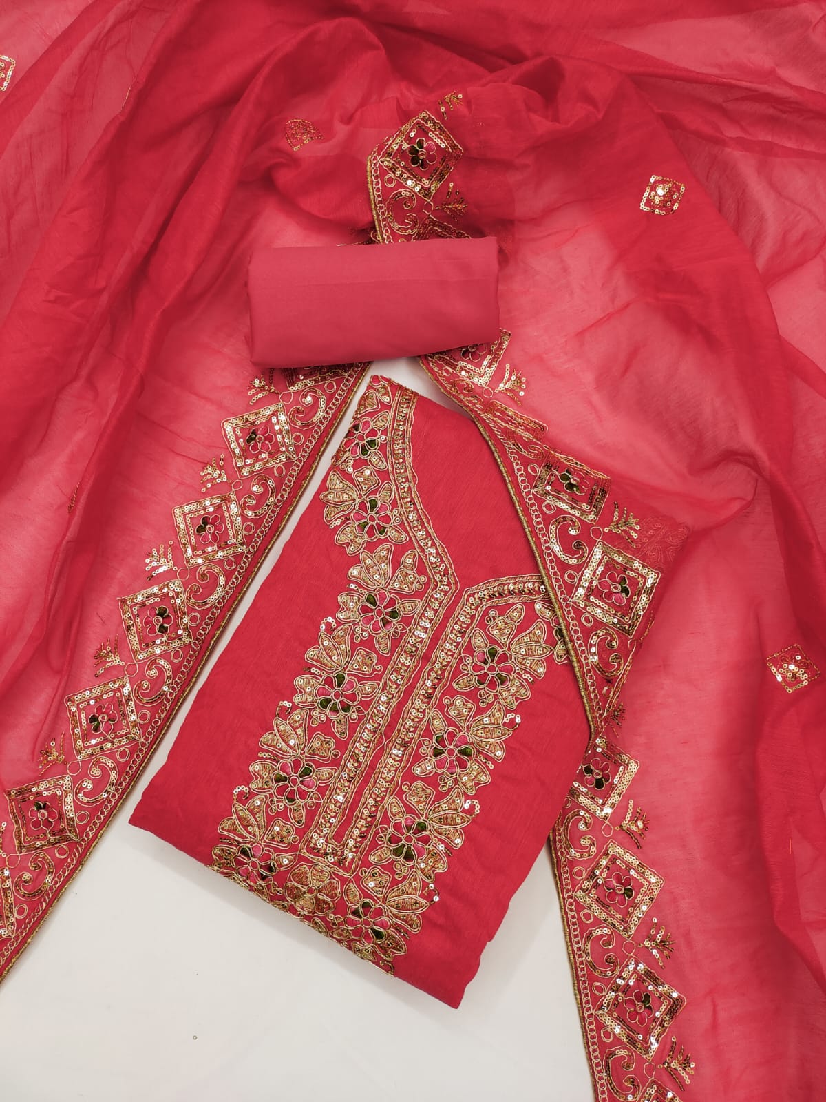 Embroidered Unstitched Suit Set with Sequins & Codding Work