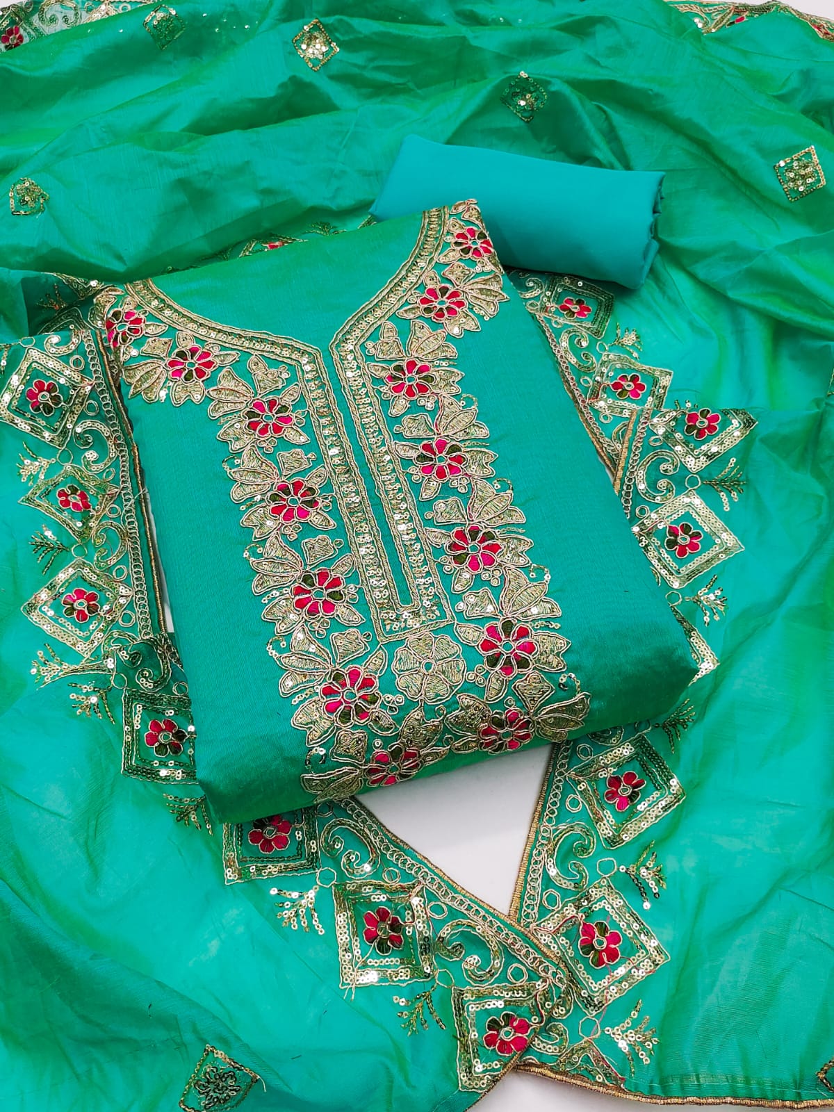 Embroidered Unstitched Suit Set with Sequins & Codding Work