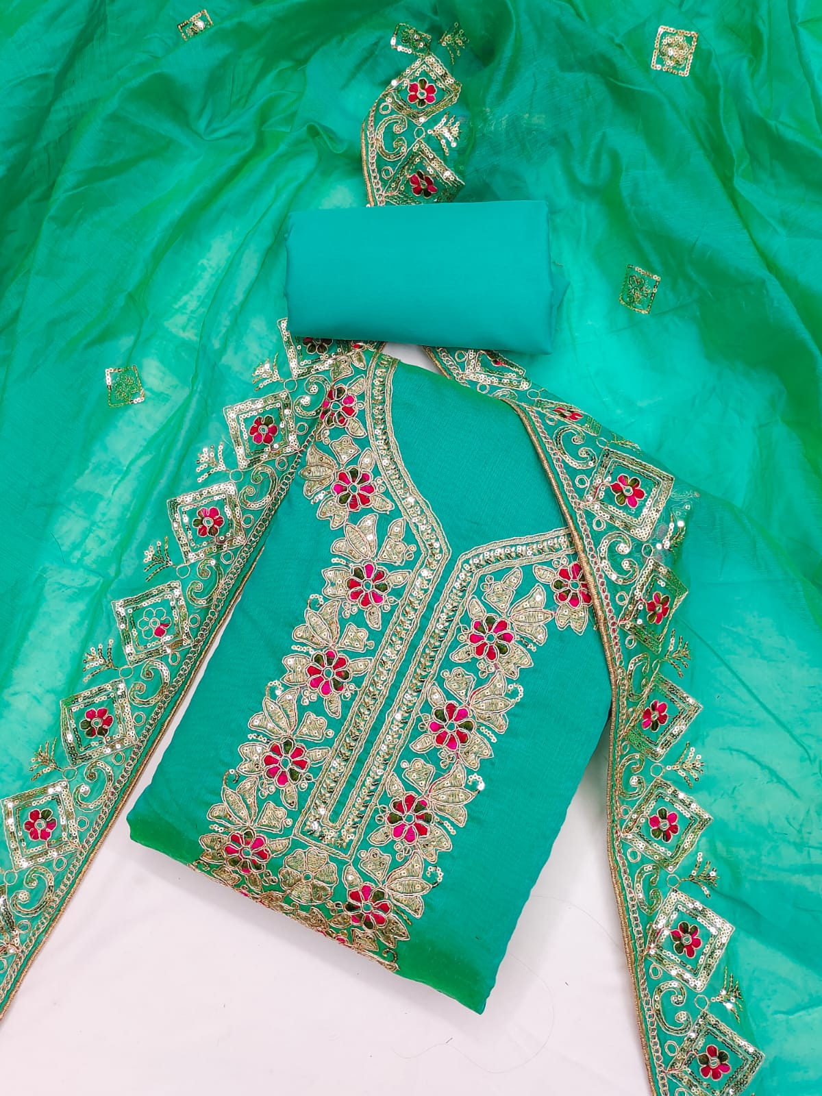 Embroidered Unstitched Suit Set with Sequins & Codding Work