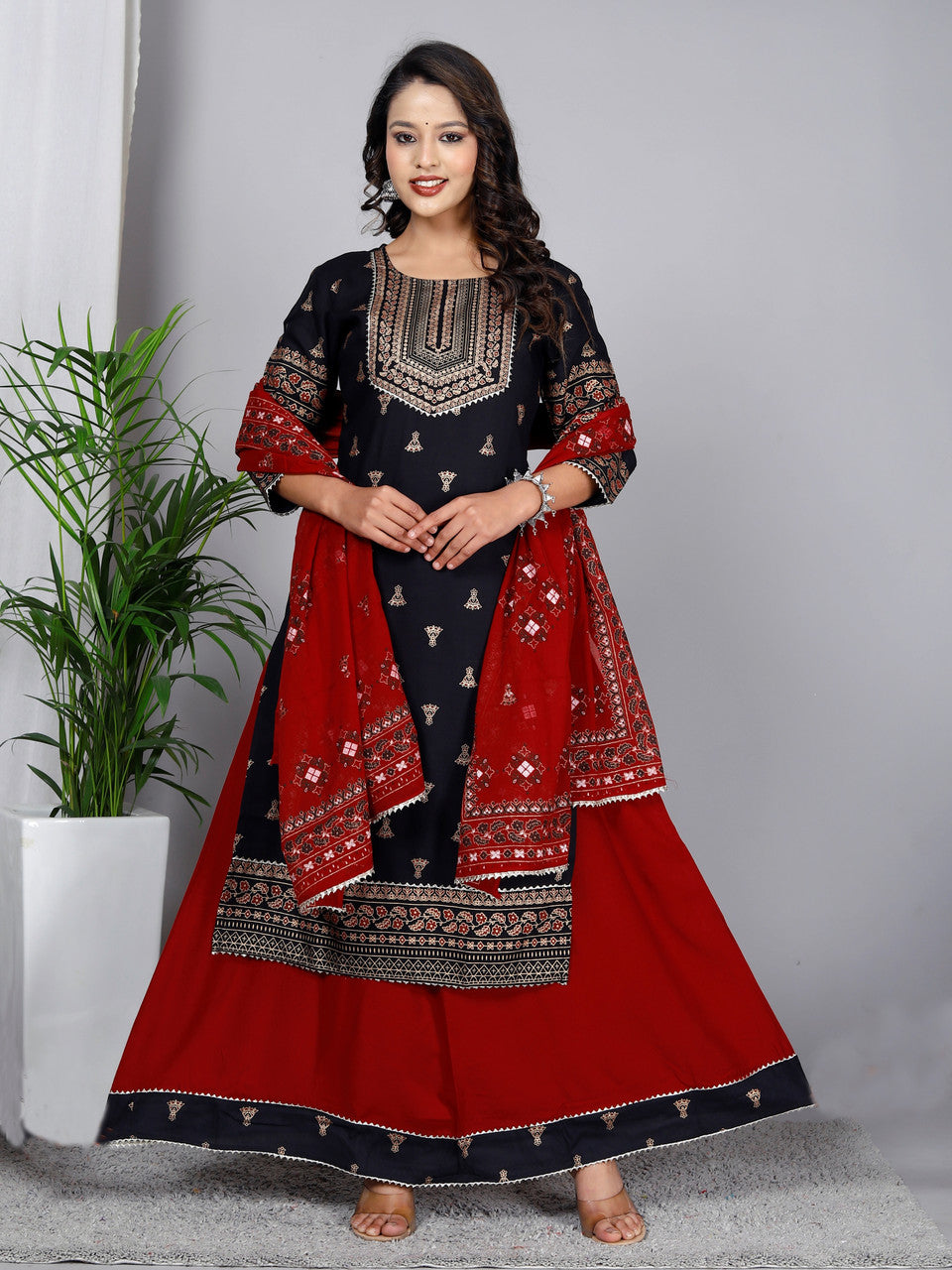 Women Viscose Rayon Kurta Skirt Dupatta Set