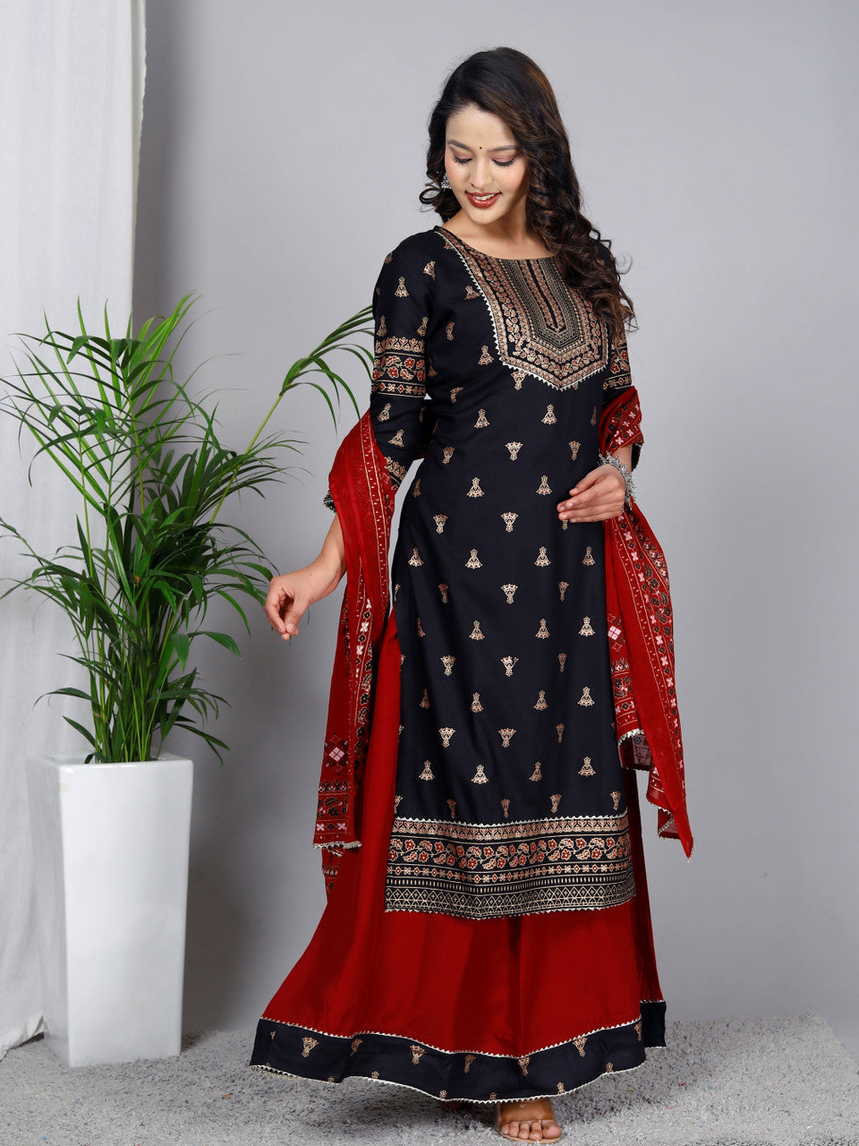 Women Viscose Rayon Kurta Skirt Dupatta Set