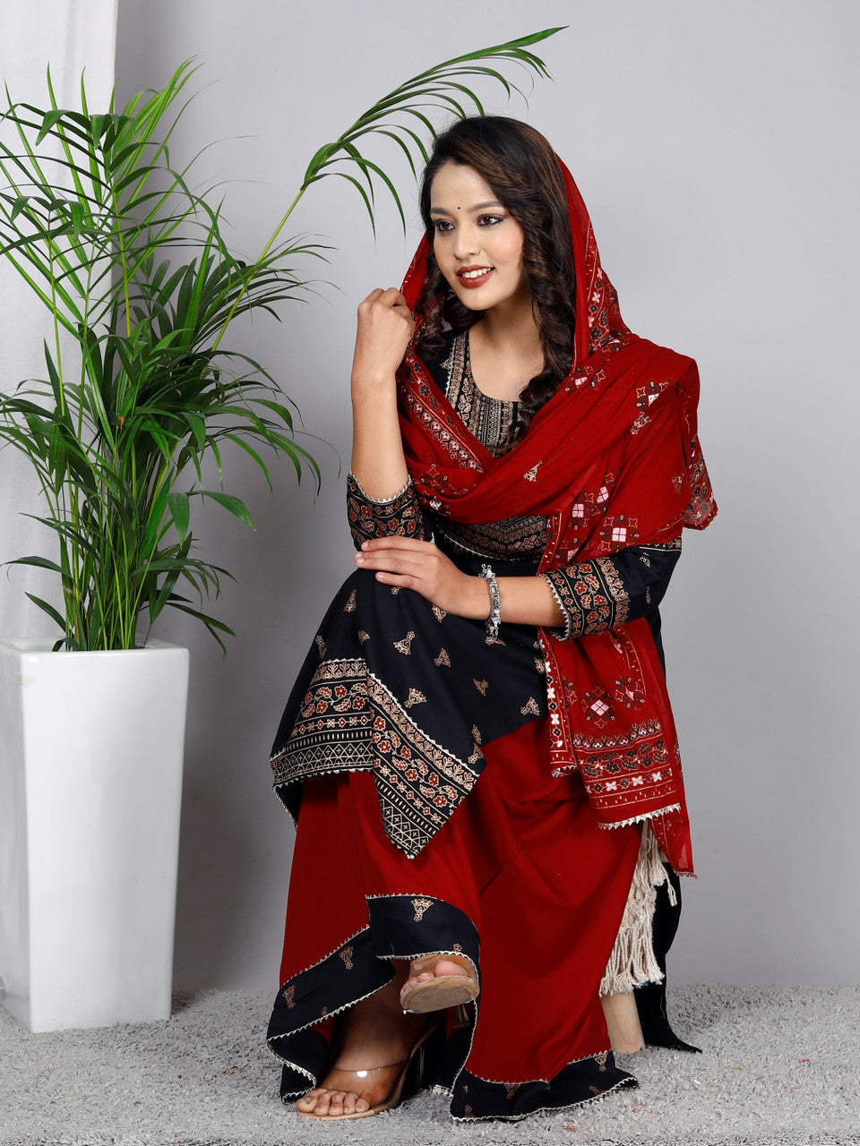 Women Viscose Rayon Kurta Skirt Dupatta Set