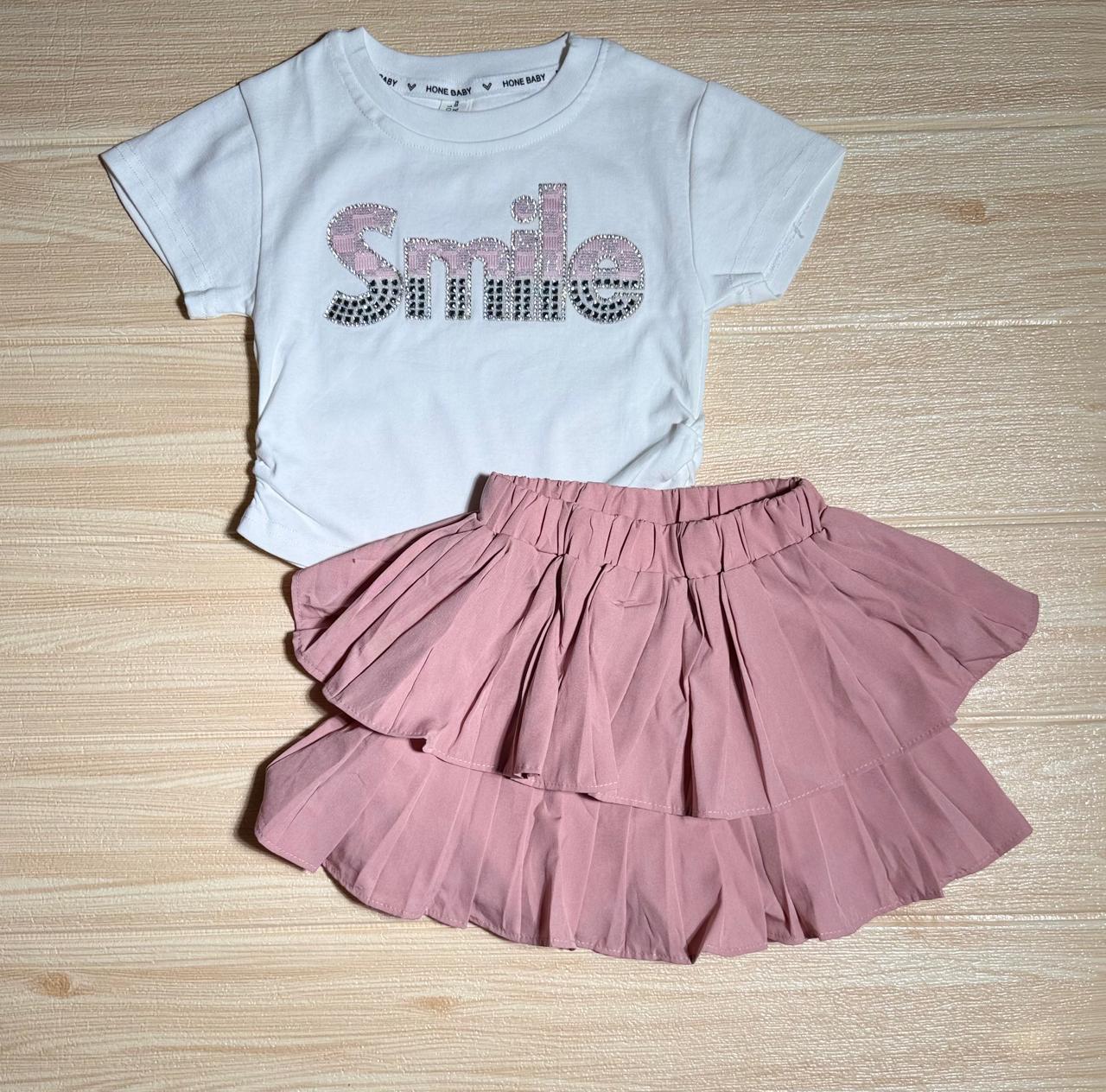 🌸 Girls’ “Smile” T-Shirt & Layered Skirt Set