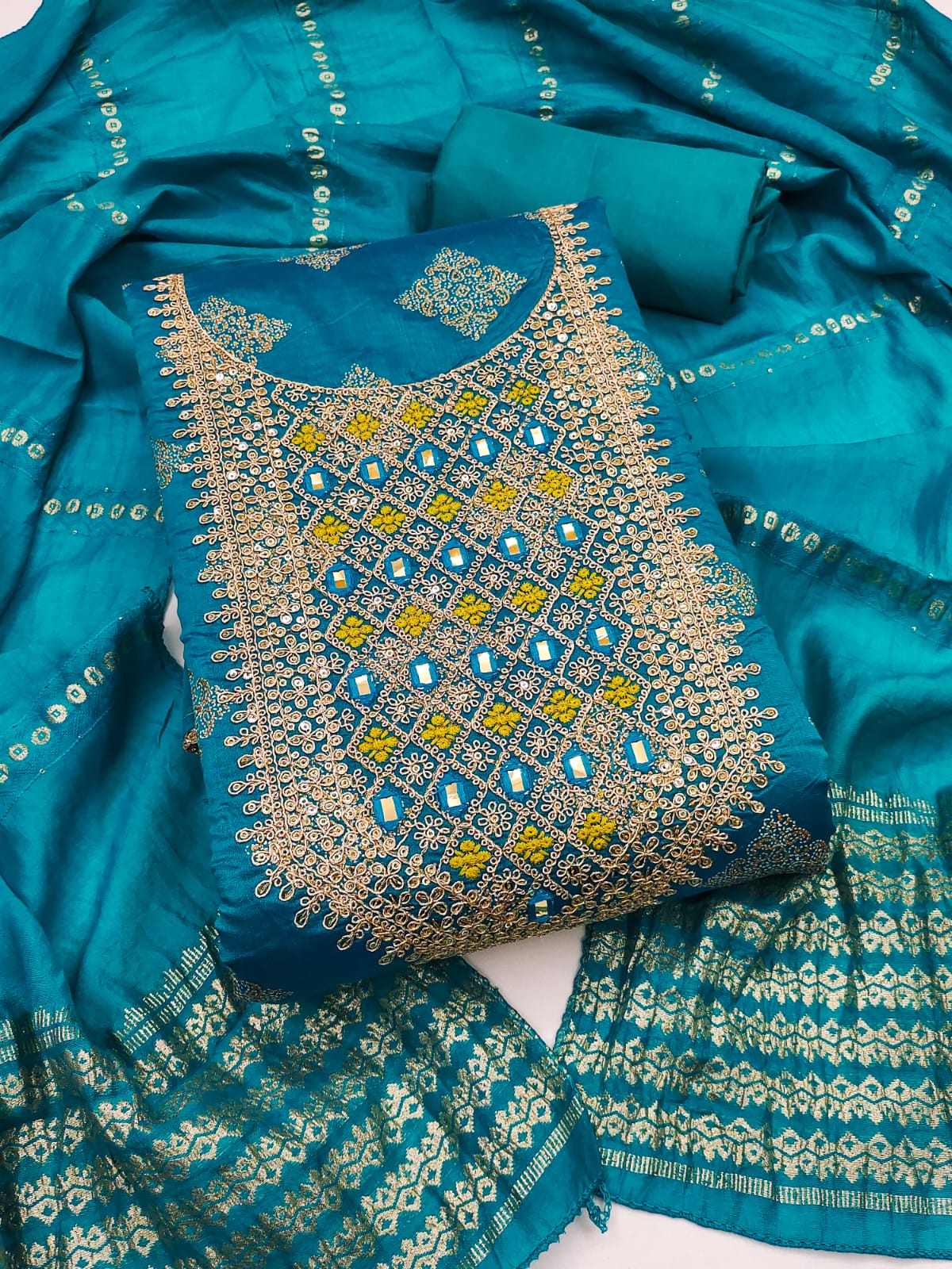 Silk Embroidered Suit Set with Zari Dupatta