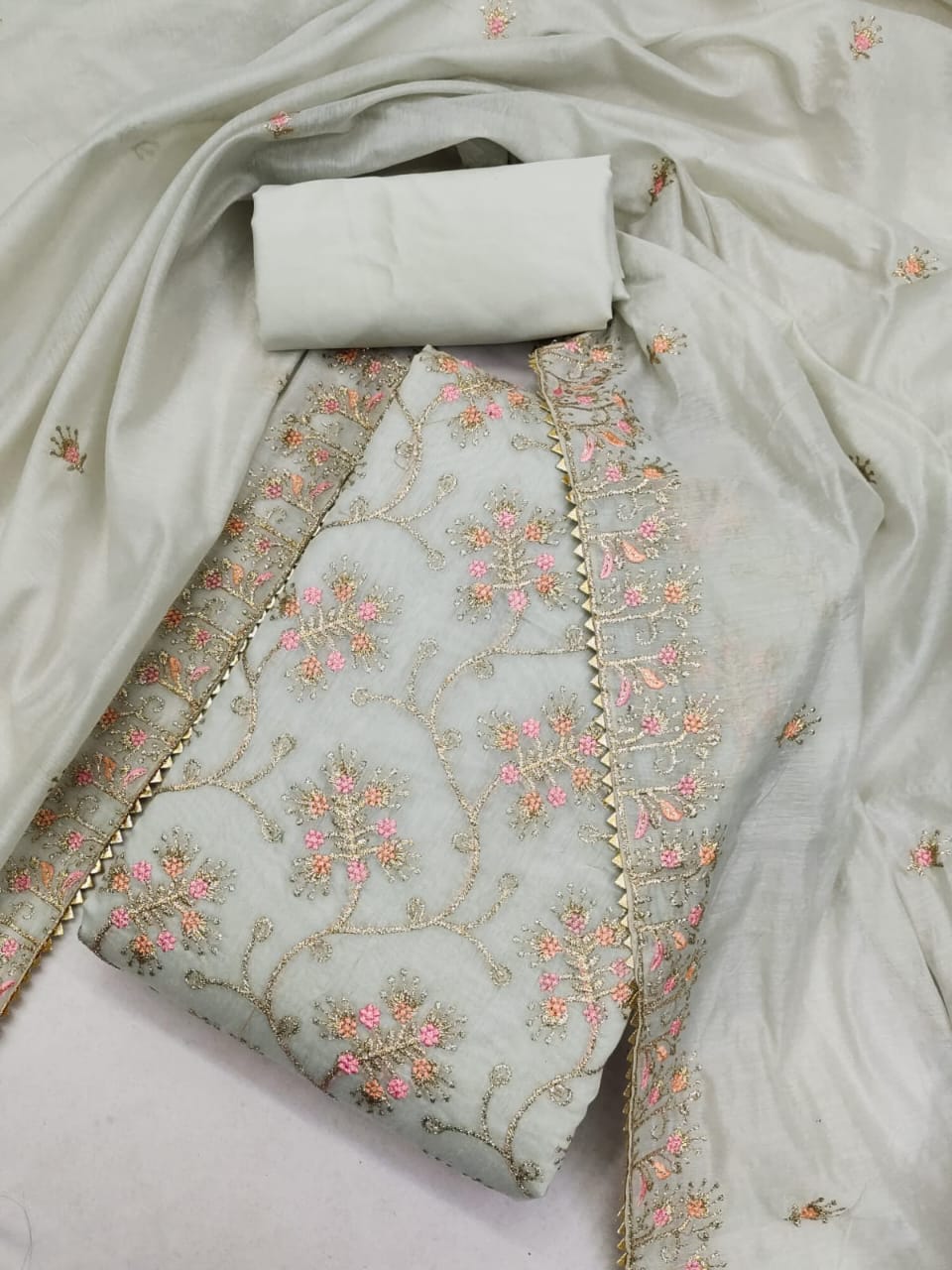Silk Embroidered Unstitched Suit Set – 3-Piece Ensemble