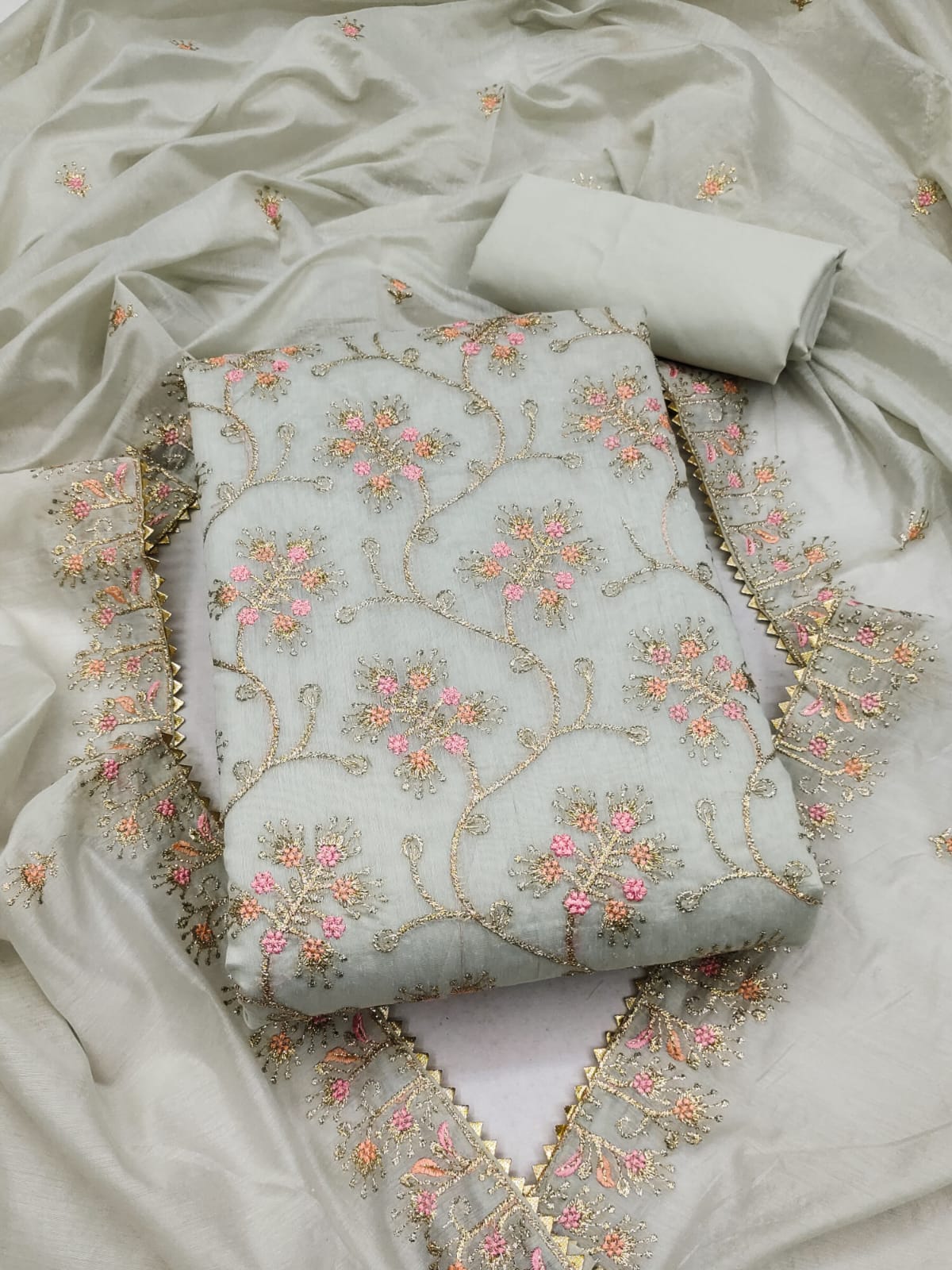Silk Embroidered Unstitched Suit Set – 3-Piece Ensemble