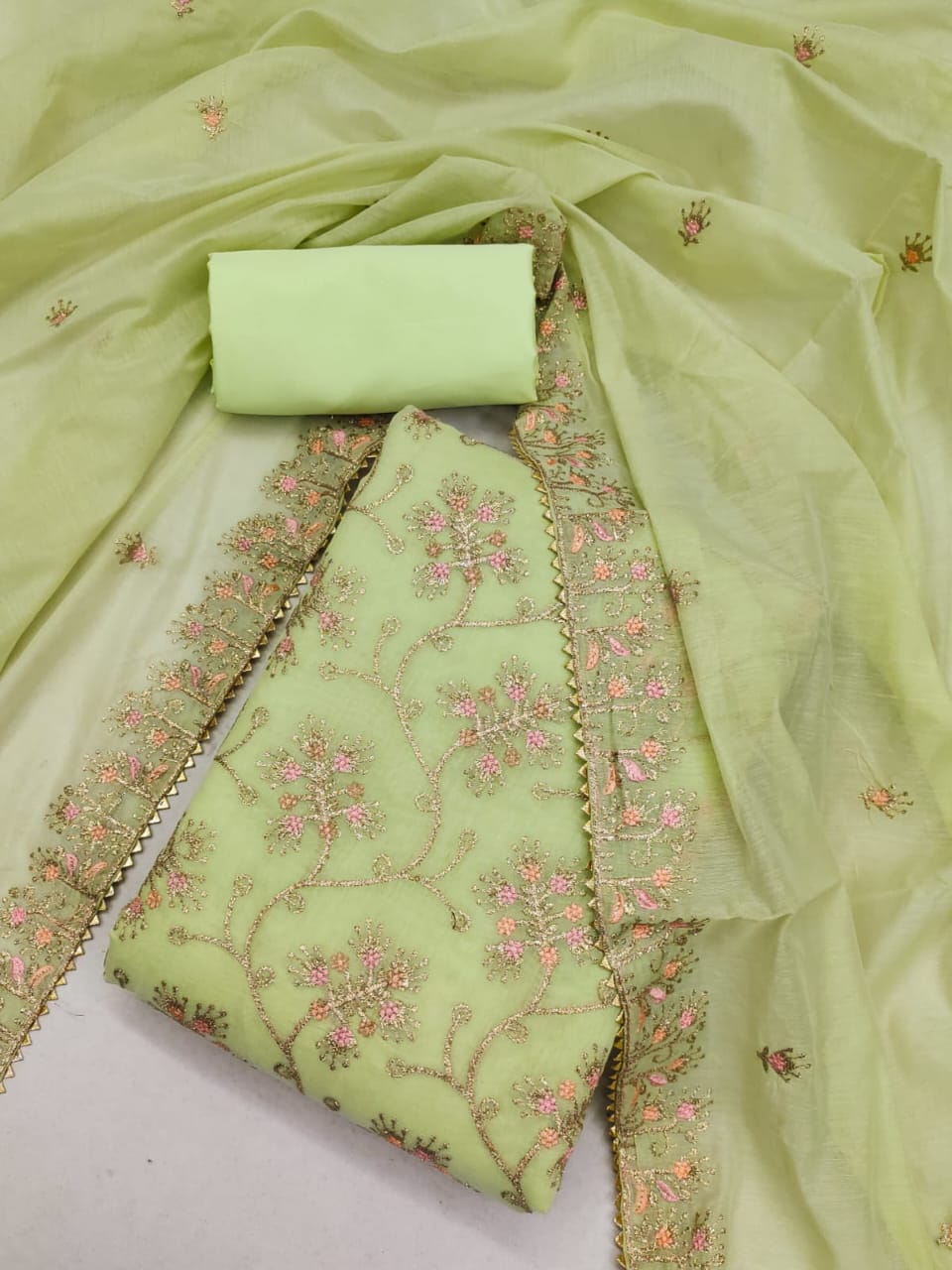 Silk Embroidered Unstitched Suit Set – 3-Piece Ensemble