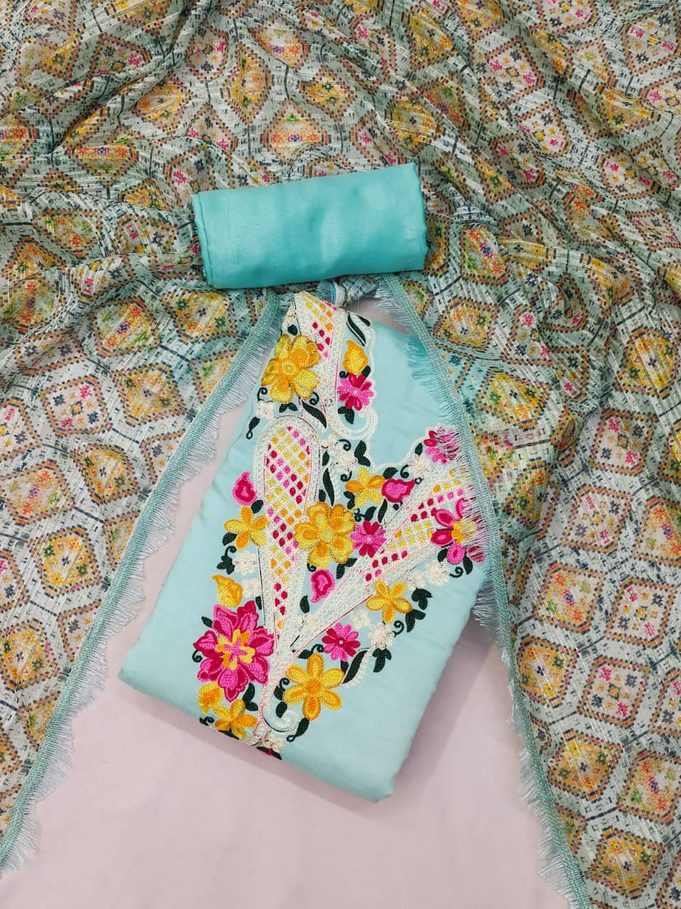 Unstitched Suit Set with Roman Silk Cotton, Heavy Shantoon, and Silk Zari Digital Print Dupatta