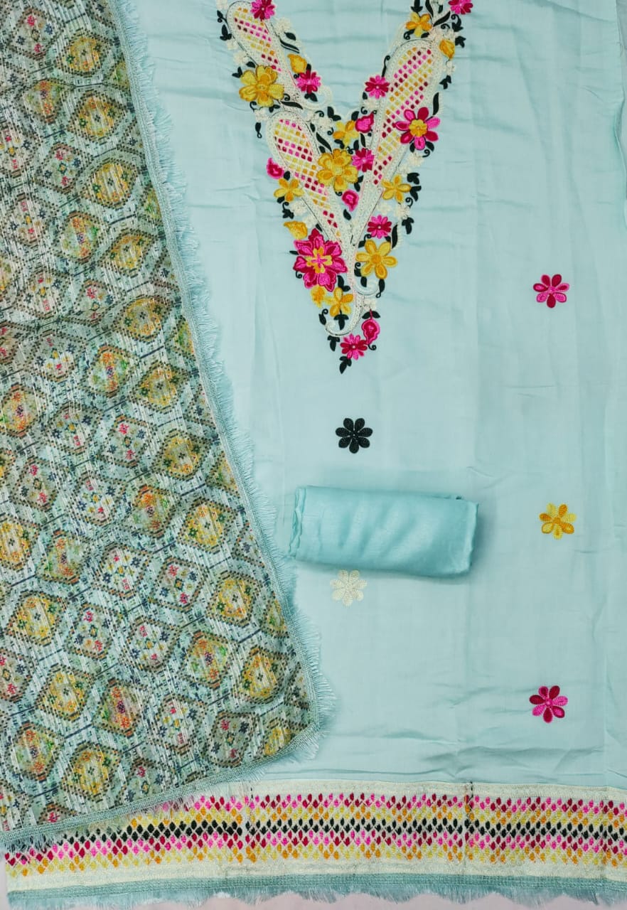 Unstitched Suit Set with Roman Silk Cotton, Heavy Shantoon, and Silk Zari Digital Print Dupatta