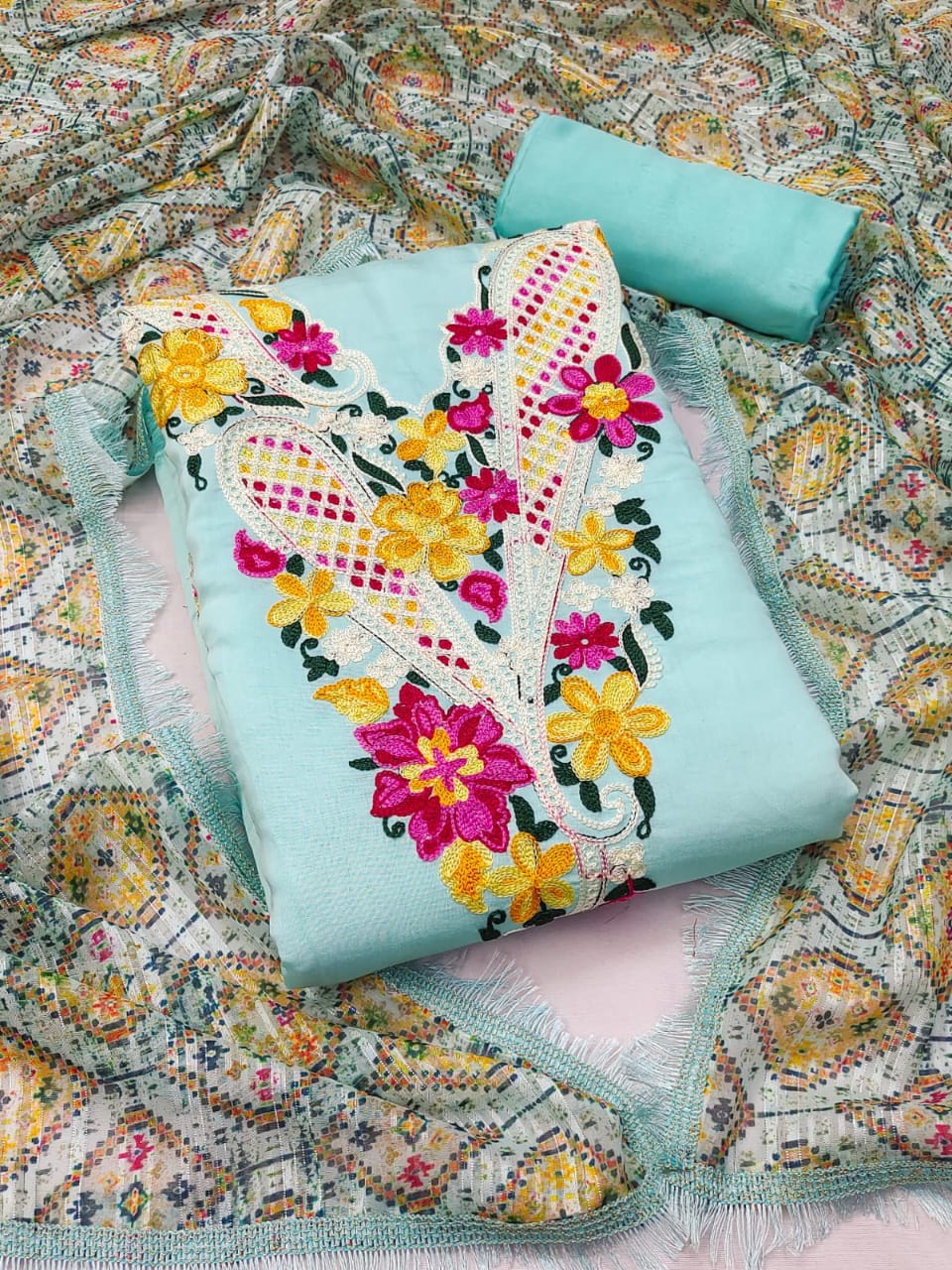 Unstitched Suit Set with Roman Silk Cotton, Heavy Shantoon, and Silk Zari Digital Print Dupatta