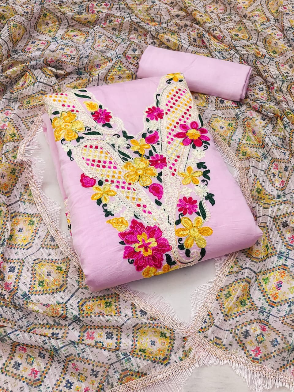 Unstitched Suit Set with Roman Silk Cotton, Heavy Shantoon, and Silk Zari Digital Print Dupatta