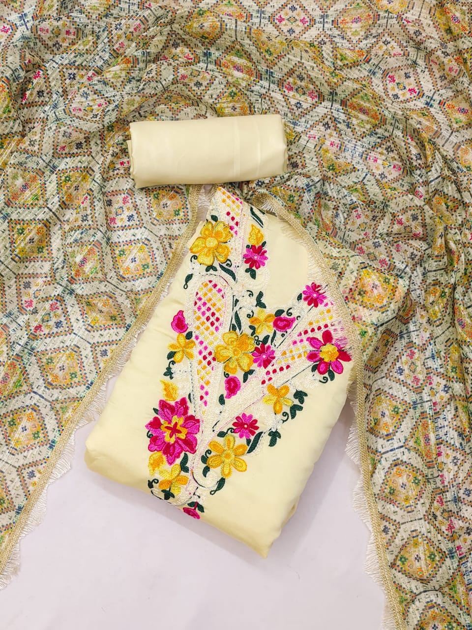 Unstitched Suit Set with Roman Silk Cotton, Heavy Shantoon, and Silk Zari Digital Print Dupatta