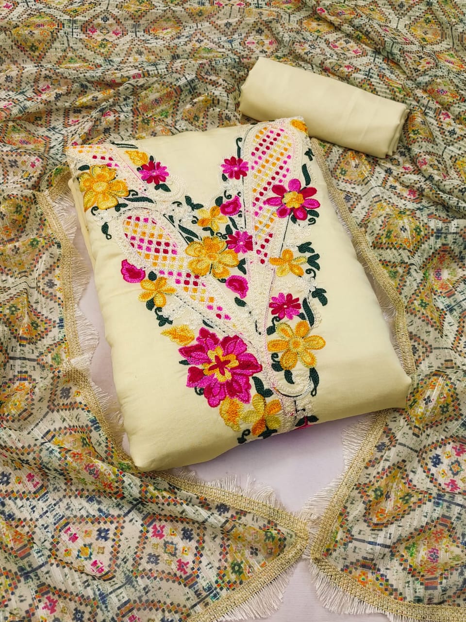 Unstitched Suit Set with Roman Silk Cotton, Heavy Shantoon, and Silk Zari Digital Print Dupatta