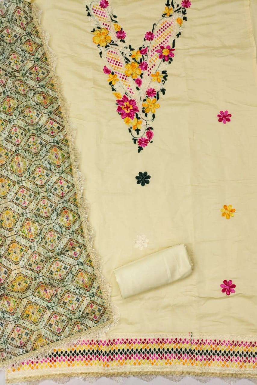 Unstitched Suit Set with Roman Silk Cotton, Heavy Shantoon, and Silk Zari Digital Print Dupatta
