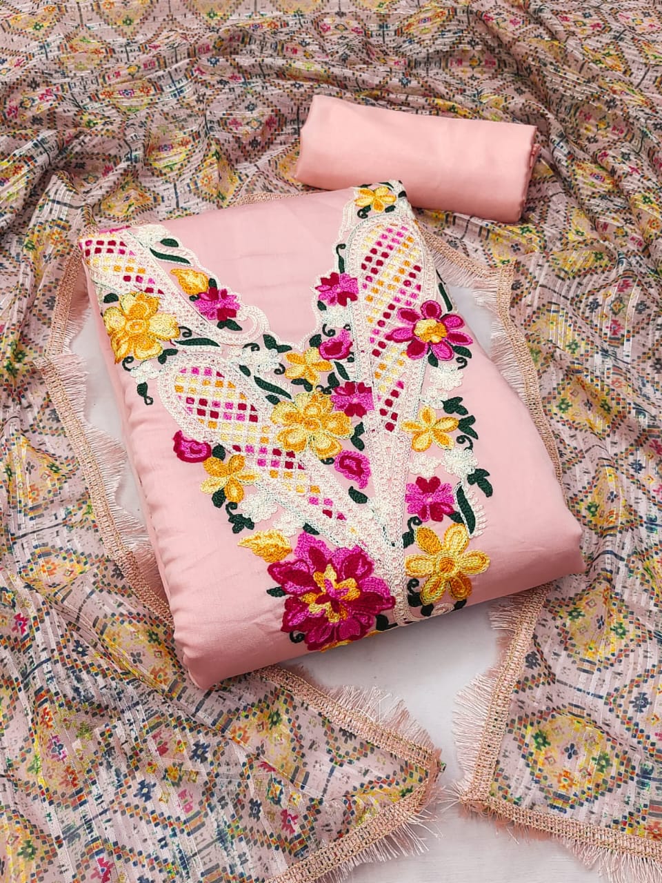 Unstitched Suit Set with Roman Silk Cotton, Heavy Shantoon, and Silk Zari Digital Print Dupatta