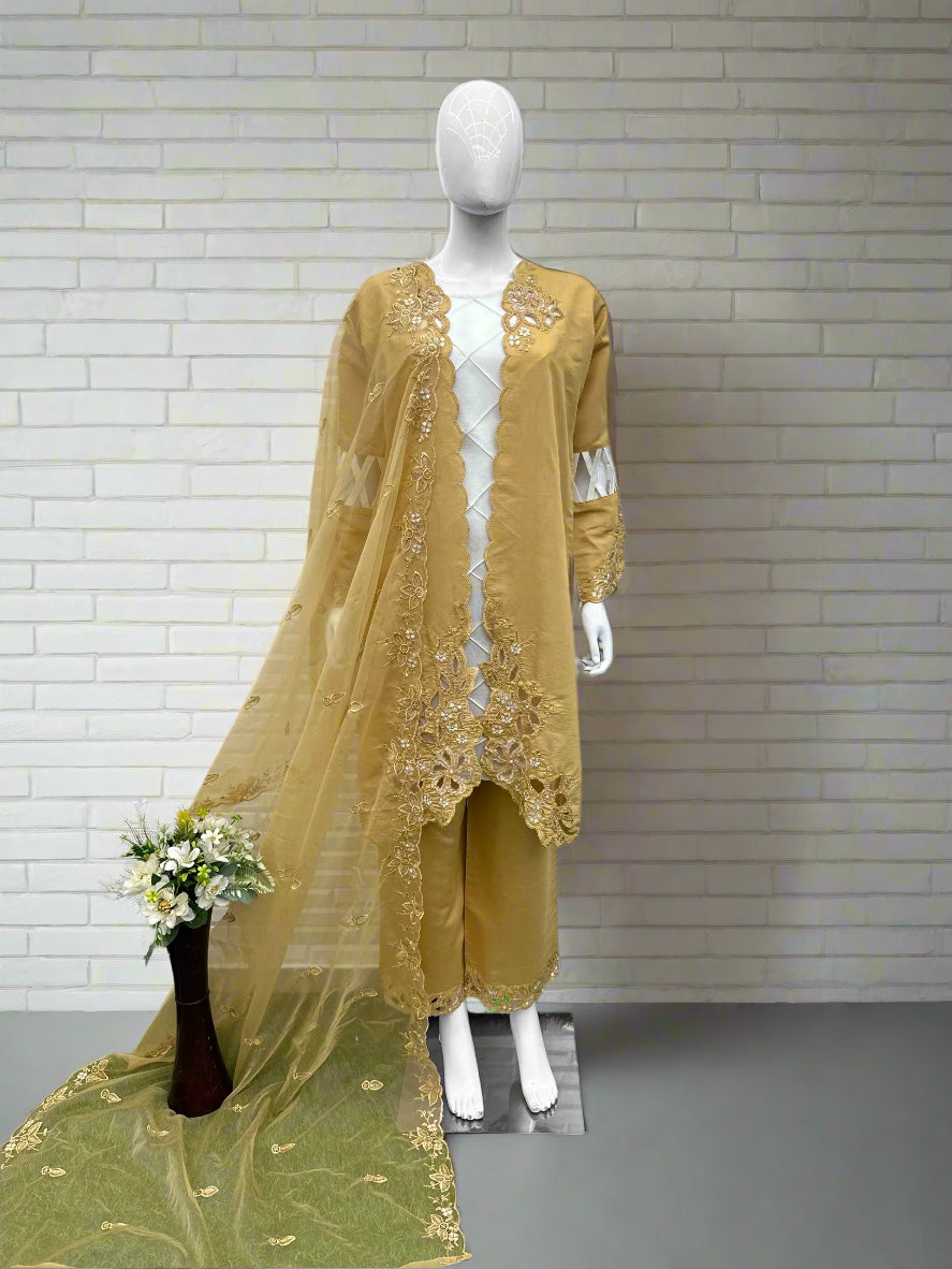 🌟 Elegant Gold Embroidered 3-Piece Suit – Size XL/XXL |