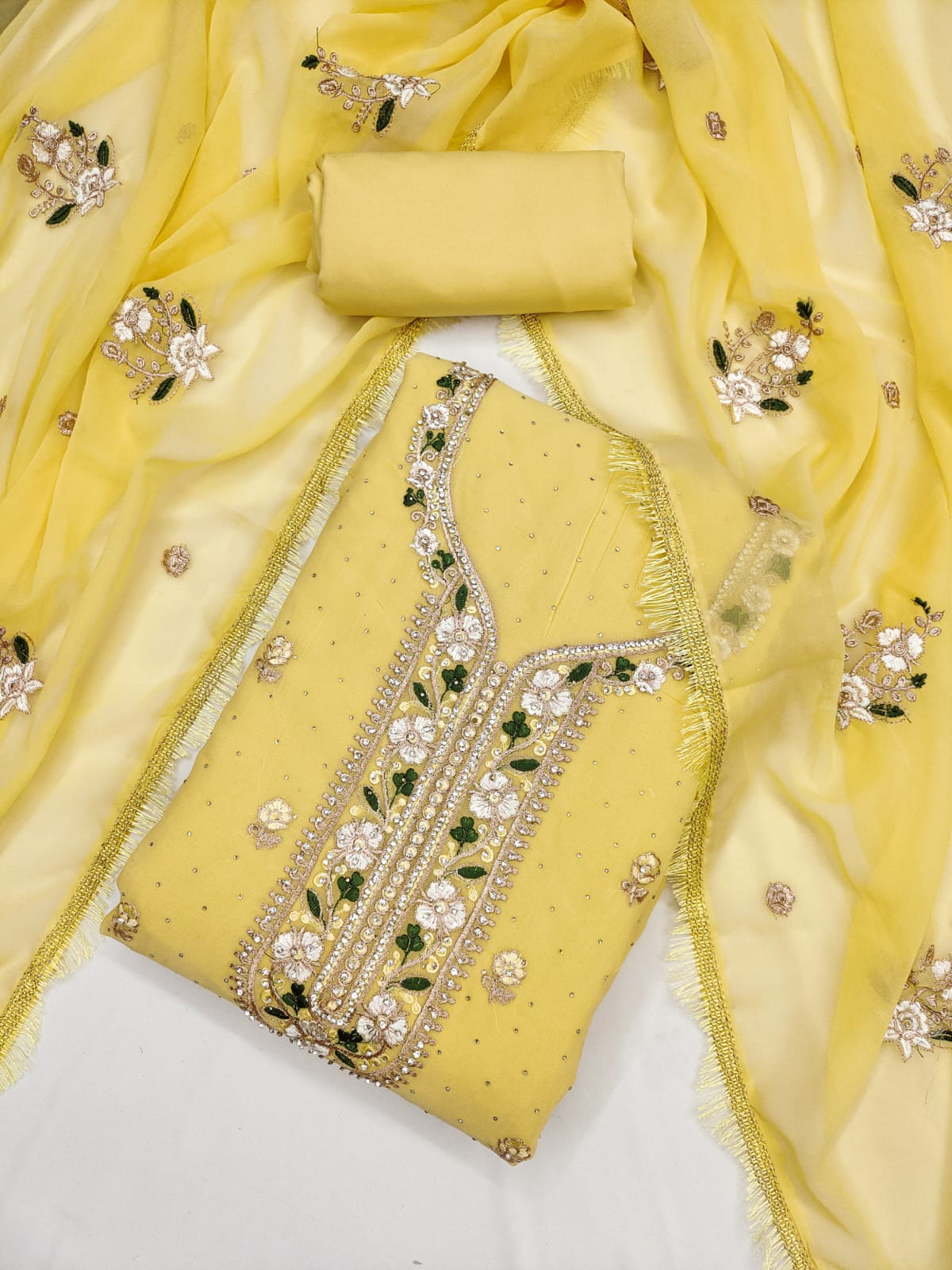 Embroidered Suit Set with Diamond Work & Lace Border Dupatta
