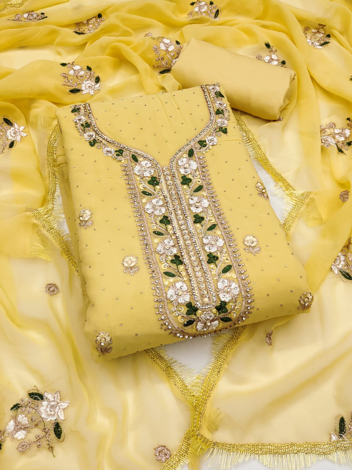 Embroidered Suit Set with Diamond Work & Lace Border Dupatta