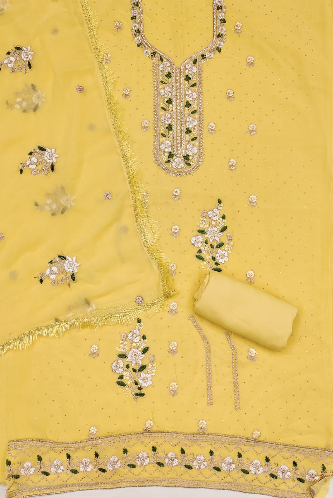 Embroidered Suit Set with Diamond Work & Lace Border Dupatta