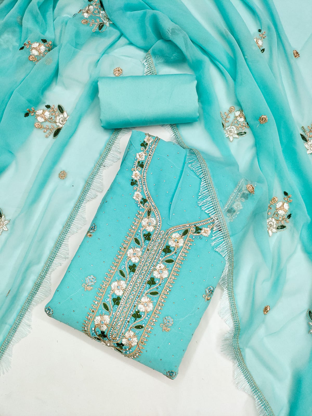 Embroidered Suit Set with Diamond Work & Lace Border Dupatta