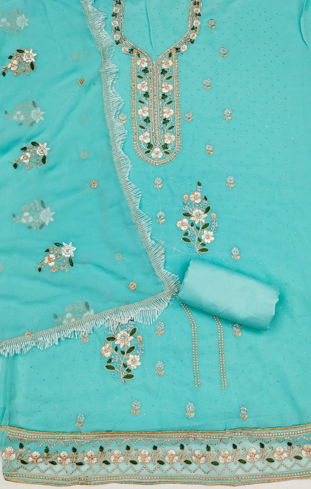Embroidered Suit Set with Diamond Work & Lace Border Dupatta