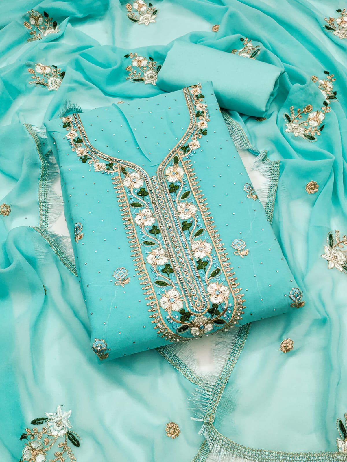 Embroidered Suit Set with Diamond Work & Lace Border Dupatta